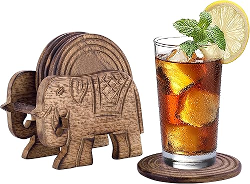 Divit - Posavasos de madera para bebidas, ecológicos, absorbentes, de aspecto antiguo, hechos a mano (elefante)