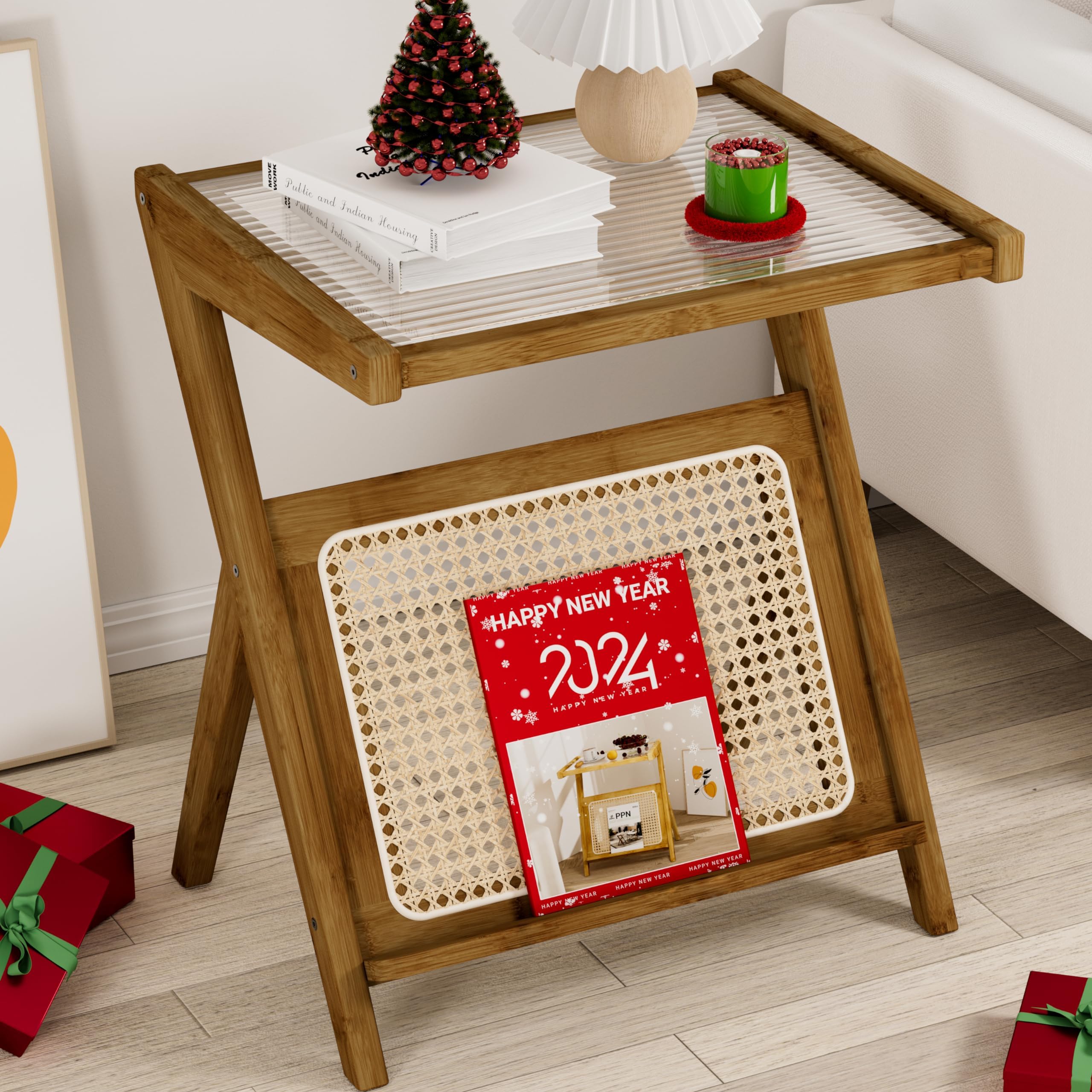 PPN Rattan Side Table Boho NightStand Mid Century Modern End Table Glass Bedside Table Small Bamboo Coffee Table with Storage for Living Room Bedroom Brown