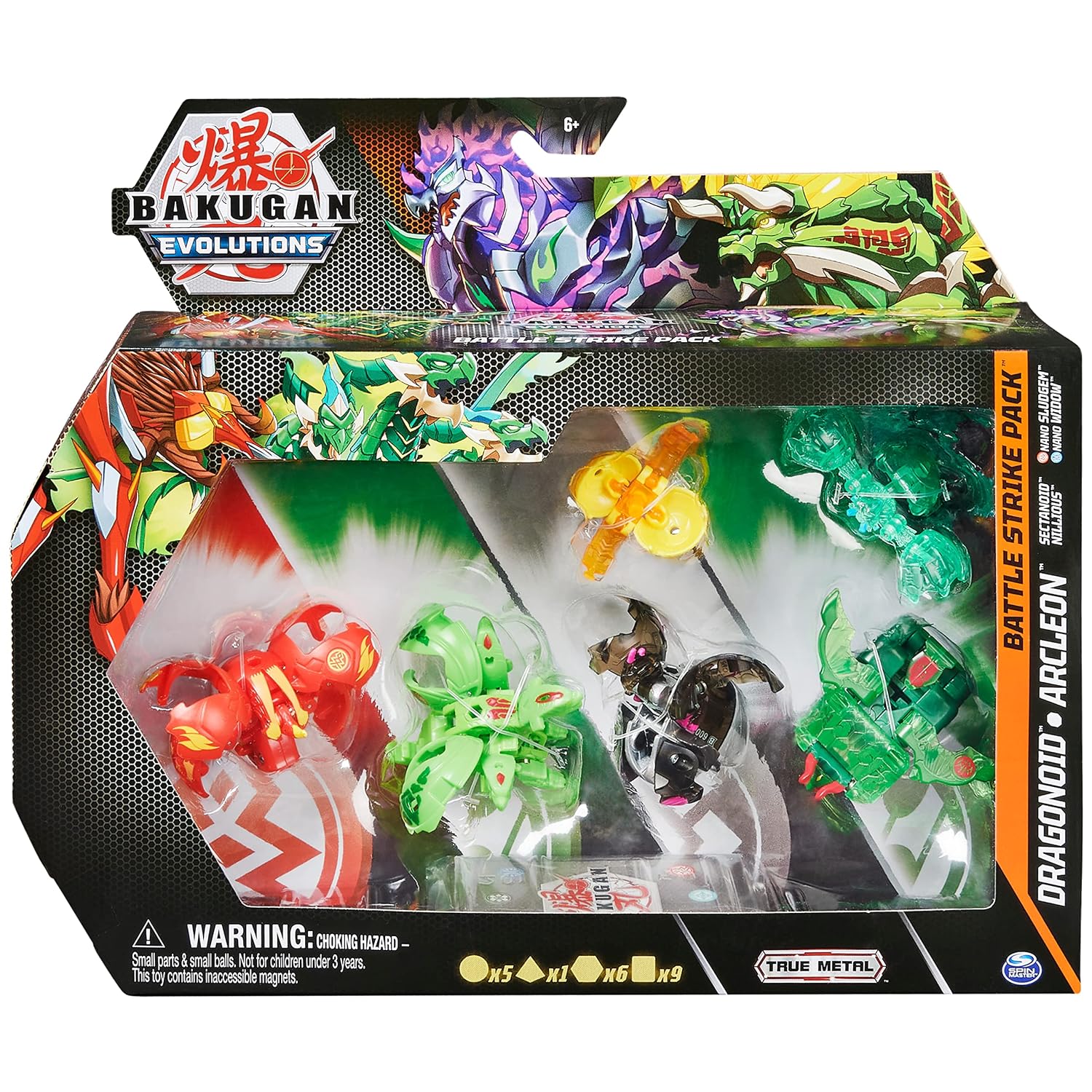 Bakugan 'Evolutions' Battle Strike 6-pack with 1 Platinum Ball Darkus Dragonoid 2 Basic Balls Pyrus Sectanoid Ventus Nillious 1 Geogan Ventus Arcleon & 2 Nanogan Pyrus Sludgem Aquos Widow