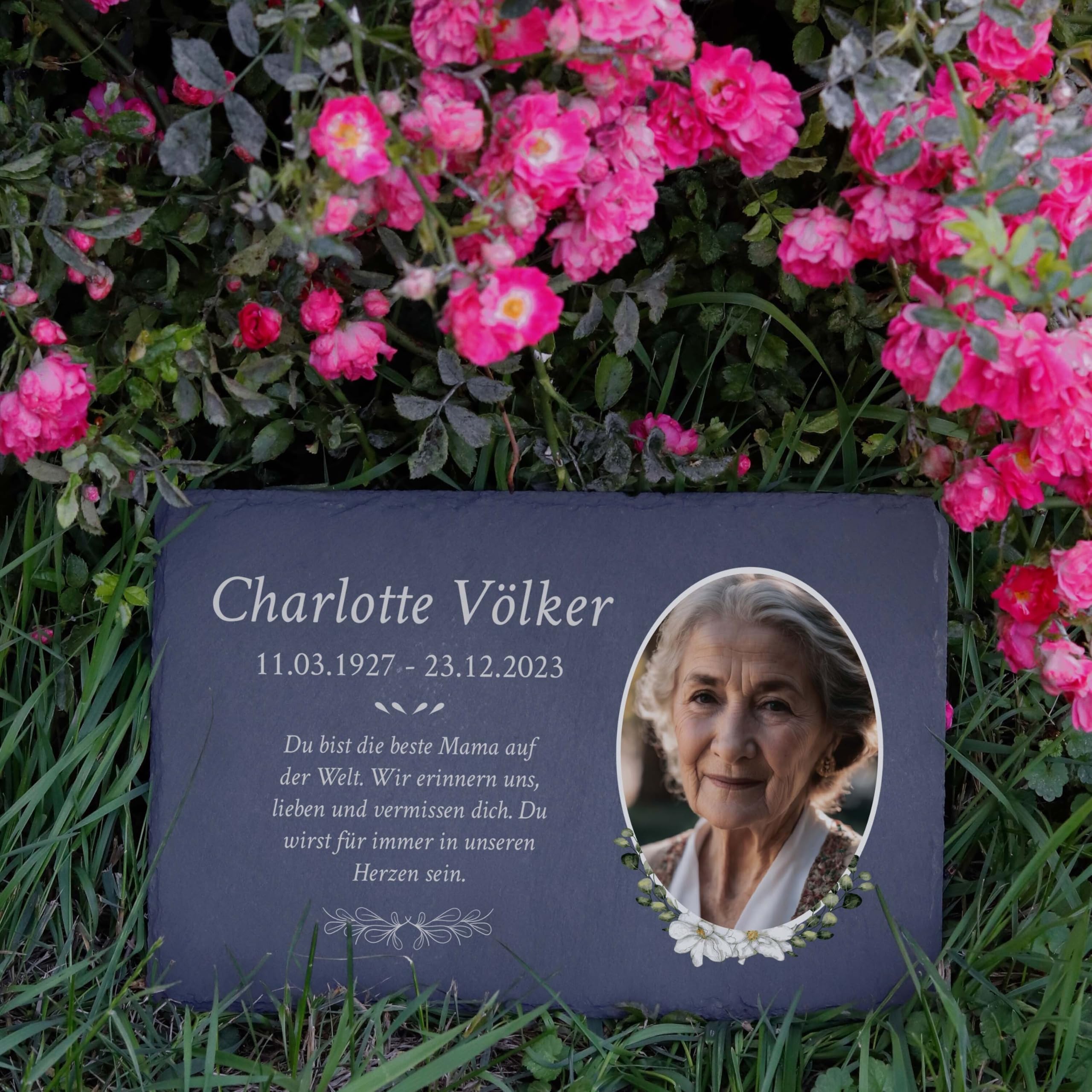 LAUBLUST Personalisierte Grabplatte als Grabschmuck für Menschen mit Wunschtext | Schieferplatte mit Gravur als Grabstein Deko & Grabtafel - Blumen, 3 Größen | Schöne Grabsteine mit Name & Foto