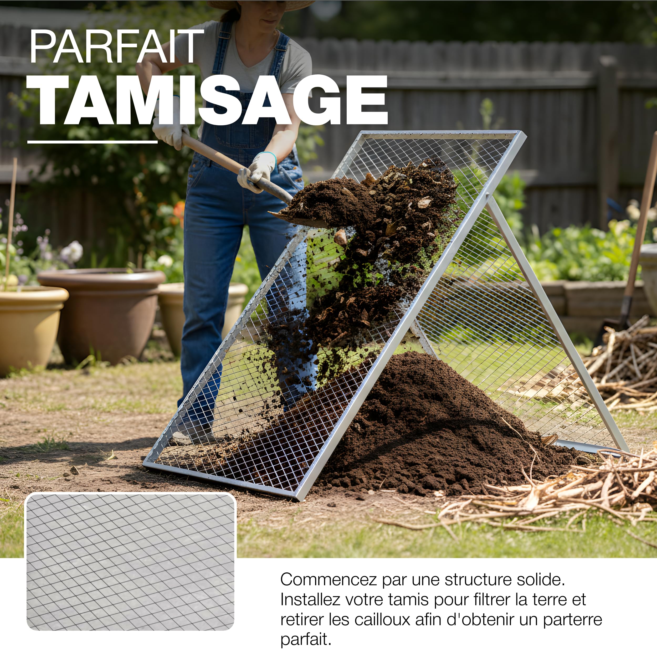 GeZu Impex Tamis de Terre 100 x 60 cm de Finesse, passoire pour Terre, Pierres, Compost