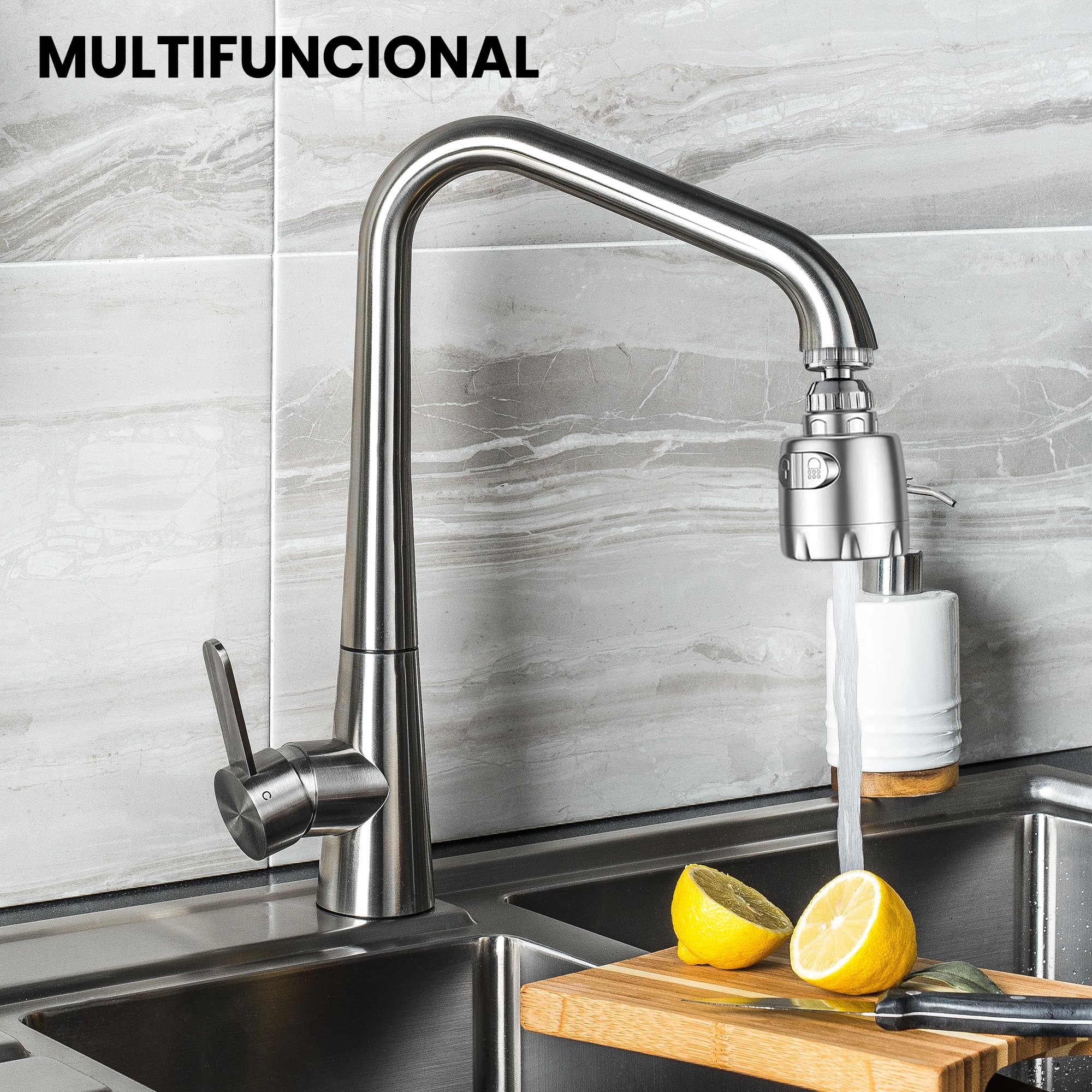 CARBOU Aireador para grifo cocina 360º. Accesorio, adaptador grifo, difusor giratorio.2 modos ajustables de funcionamiento. Material ABS.