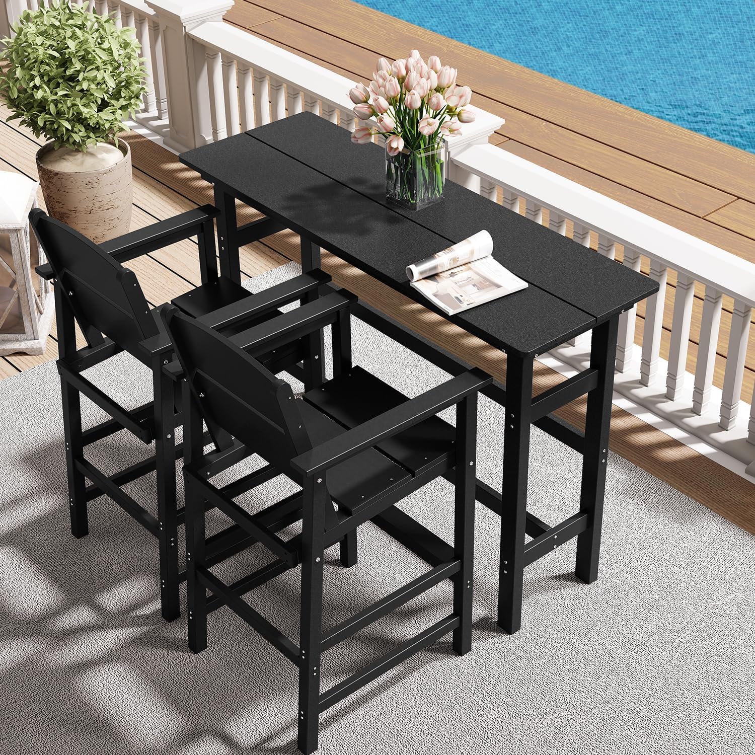 NAVINE Bar Height Patio Table and Chairs Set, HDPE Outdoor Adirondack Bar Chairs and Patio Table, All-Weather Patio Furniture for Poolside, Backyard, Garden, High Top Patio Bar Set (Black, 3-Piece)
