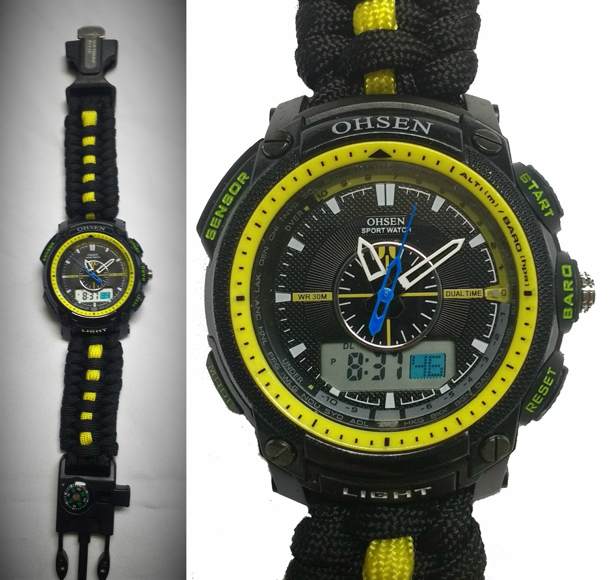 YELLOW-Survival Waterproof Paracord Watch with Whistle, Compass, Fire Starter, Jute Tinder, Fishing Line & More! by Southern Retail