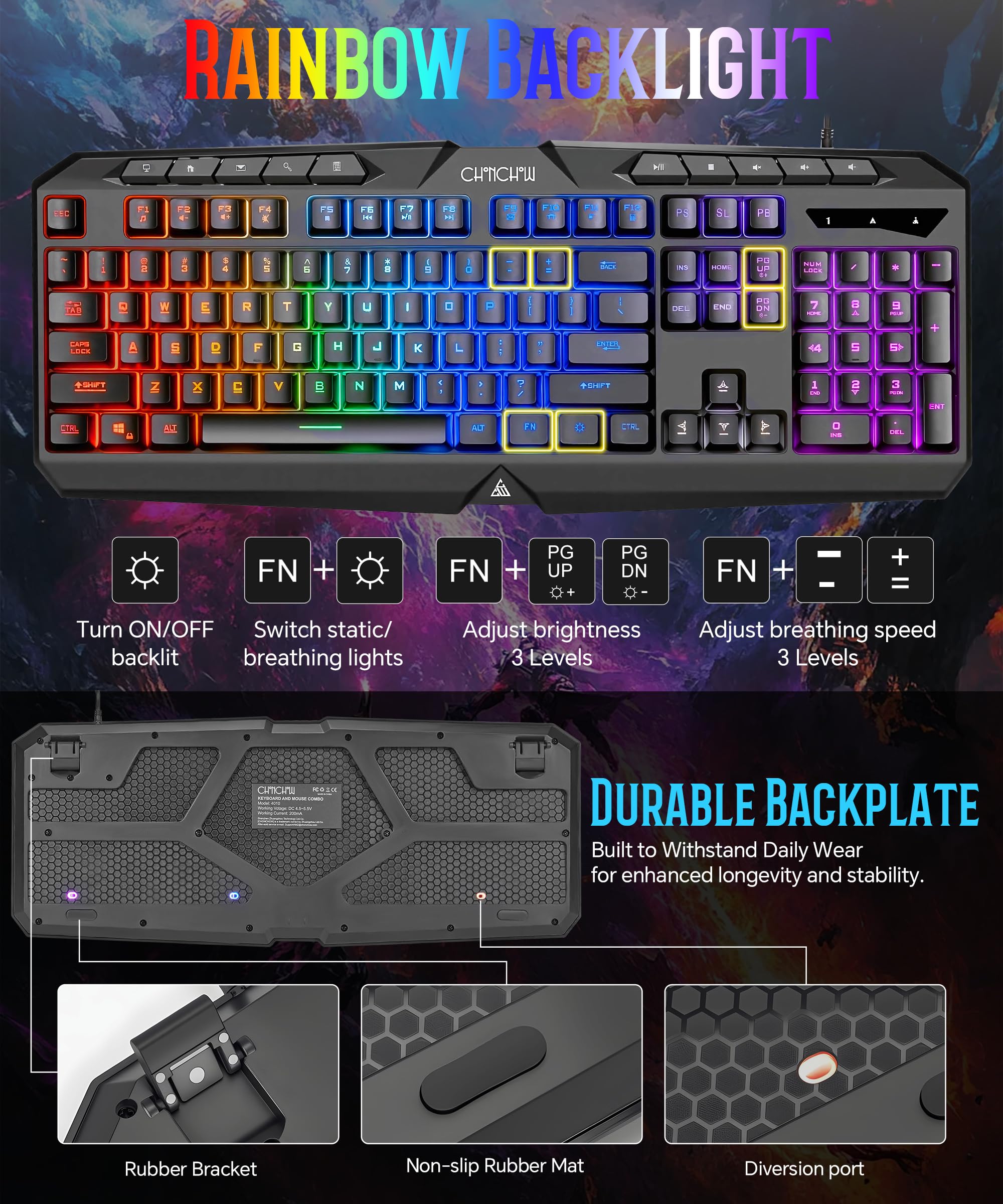 Tastiera da gioco cablata e mouse combinata con retroilluminazione a colori, 10 tasti dedicati, sensazione meccanica, silenziosa, anti-ghosting, tastiera del computer luminosa, mouse programmabili RGB