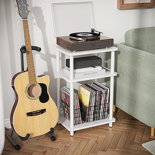 Miniatura 3 de Apicizon Mesa auxiliar de 3 niveles, mesa auxiliar con estante de almacenamiento, mesa de madera pequeña, mesita de noche para espacios pequeños,