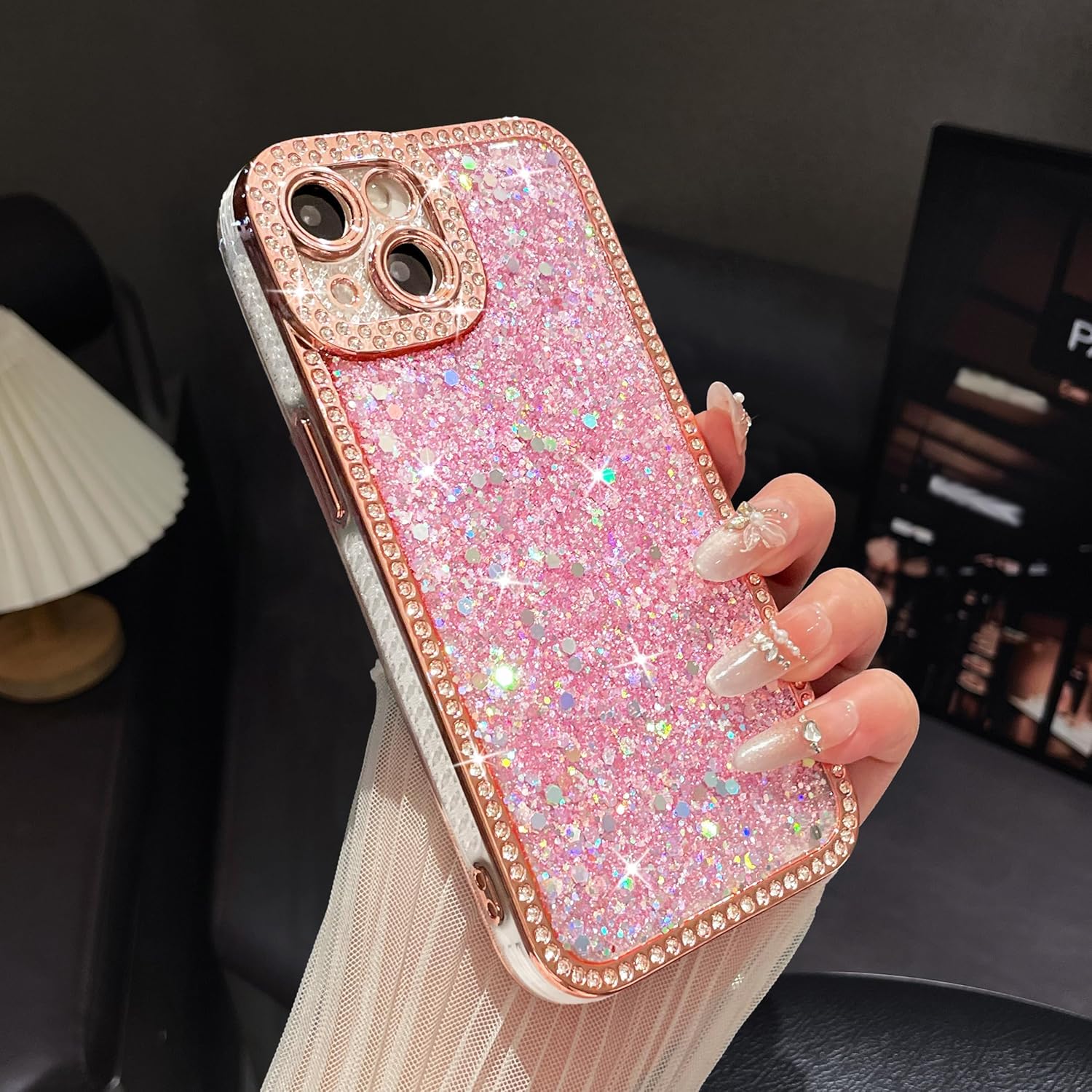 FABSPARK Case for iPhone 16 Plus,Glitter Crystal Diamond Rhinestones Sequin Shiny Bling Sparkly Glossy Luxury Electroplated Case,Aesthetic Cute Full Protection for iPhone 16 Plus,Pink - Image 8