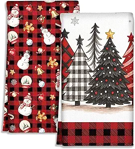 Buffalo Plaid Christmas Kitchen Towels - Christmas Theme 18x26 Inch Absorbent 2pcs Microfiber Dish Towels, Cute Holiday Designs with Xmas Tree for Decoration, Gifting, Housewarming