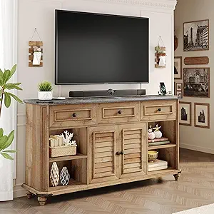 DWVO Farmhouse TV Stand for 65 Inch TV, 31.5" Tall Entertainment Center w/3 Drawers & Shutter Doors, Rustic Media Console Cabinet w/Storage Shelves, Wood Television Stand for Living Room, Rustic Brown