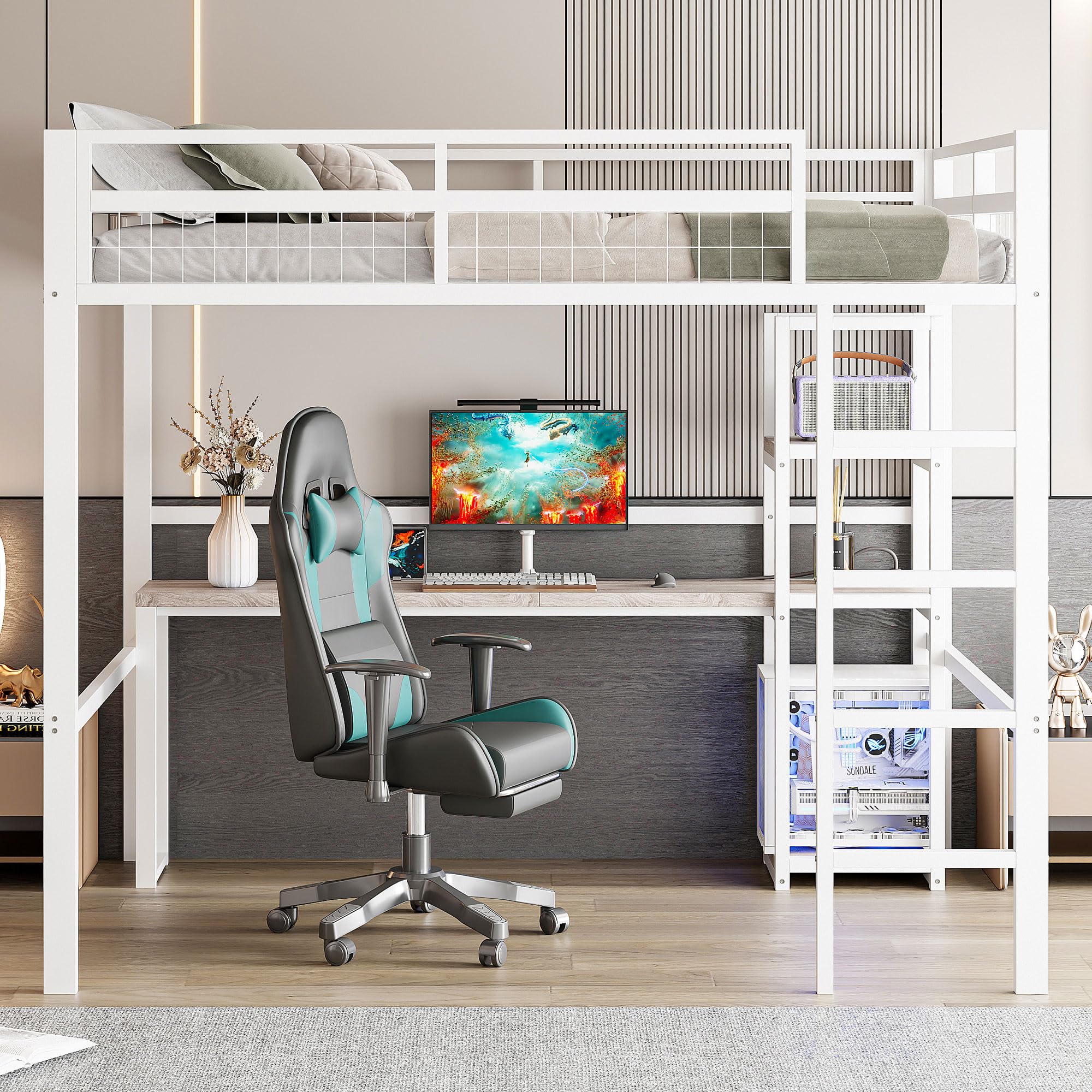 Letto a soppalco in metallo, 140 x 200 cm, scrivania con presa e scaffale, con ricarica USB + Type-c, per bambini, ragazzi e adulti, letto a castello, senza materasso (bianco)