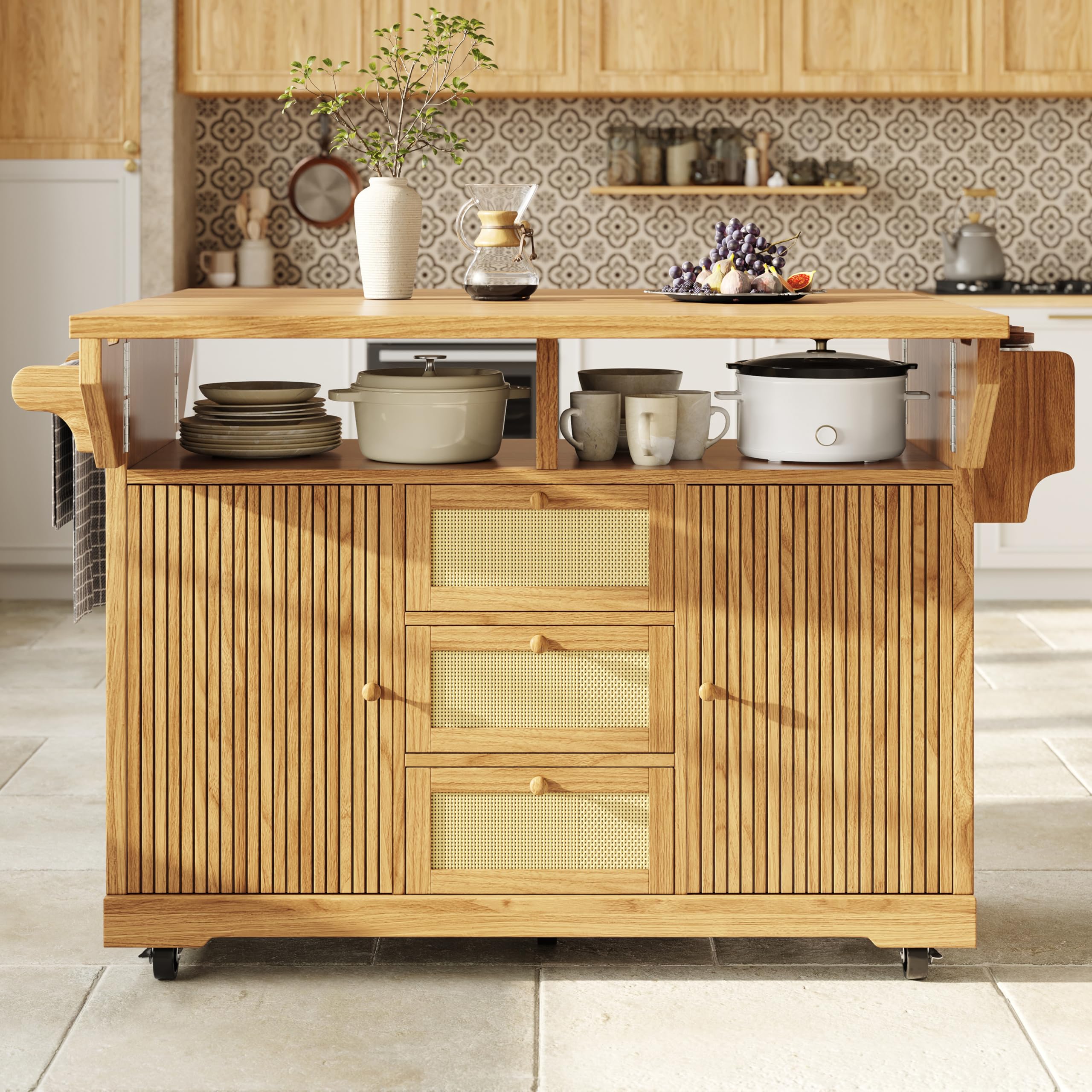 Lexiou Carro plegable para servir de cocina, 95 cm, con altura ergonómica | Cajones de ratán de polietileno para cocina, balcón y camping, color marrón oscuro