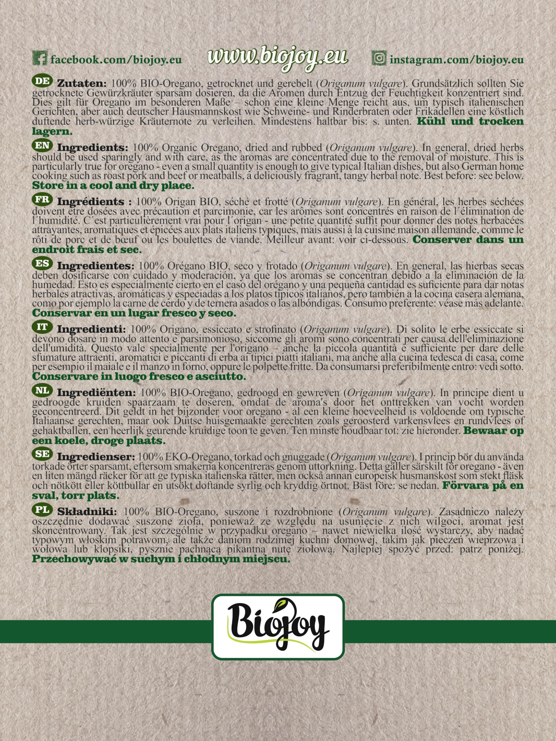 Biojoy Origan BIO (500 g), séché et frotté, sans additifs (Origanum vulgare)