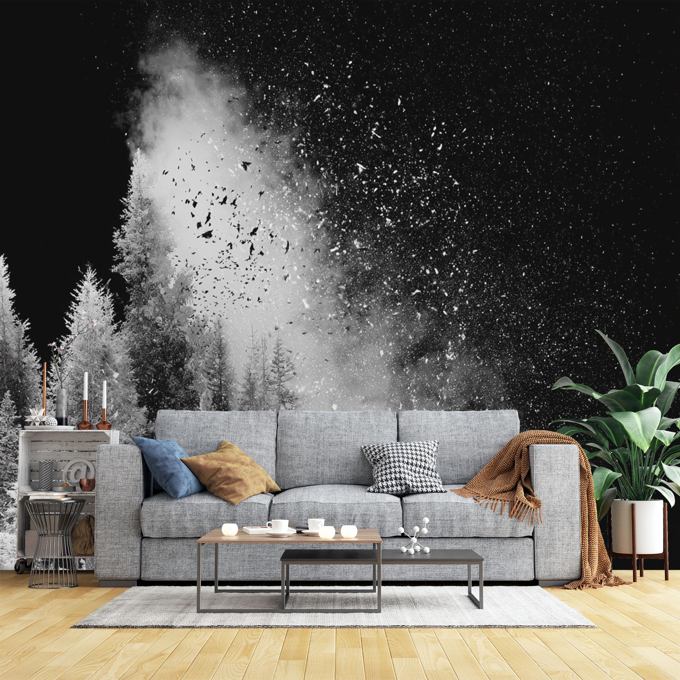 Custom Size Wall Murals Black and White Snowy Forest Wall Murals Moody Nature Wallpaper, Full Wall Self-Adhesive Removable Wallpaper for Living Room