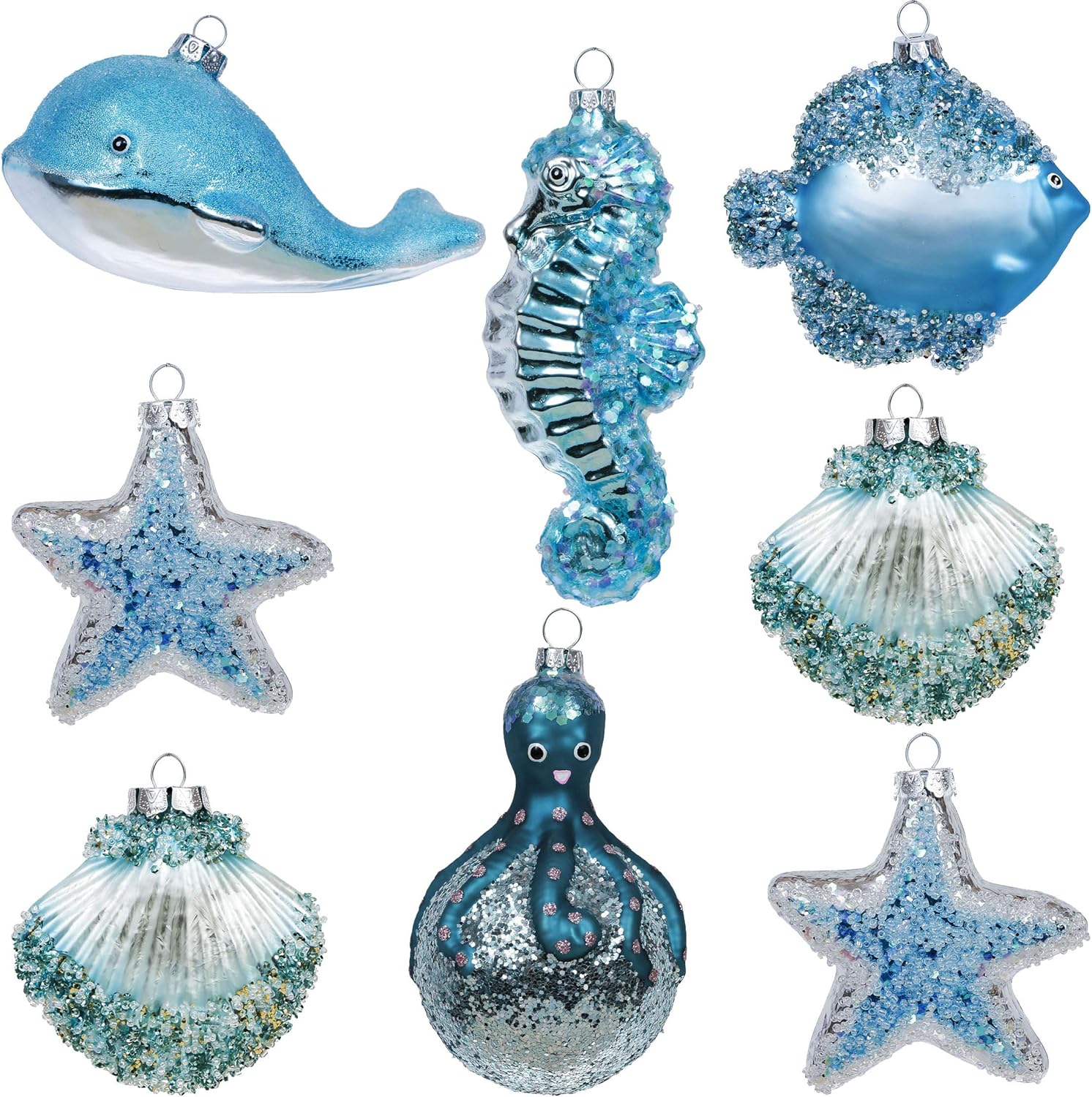 Valery Madelyn Glass Christmas Ornaments Set, 8ct Light Blue and Silver Blown Glass Christmas Tree Decorations, Summer Beach Coastal Ocean Nautical Marine Xmas Hanging Finial Balls Bulk Holiday Decor