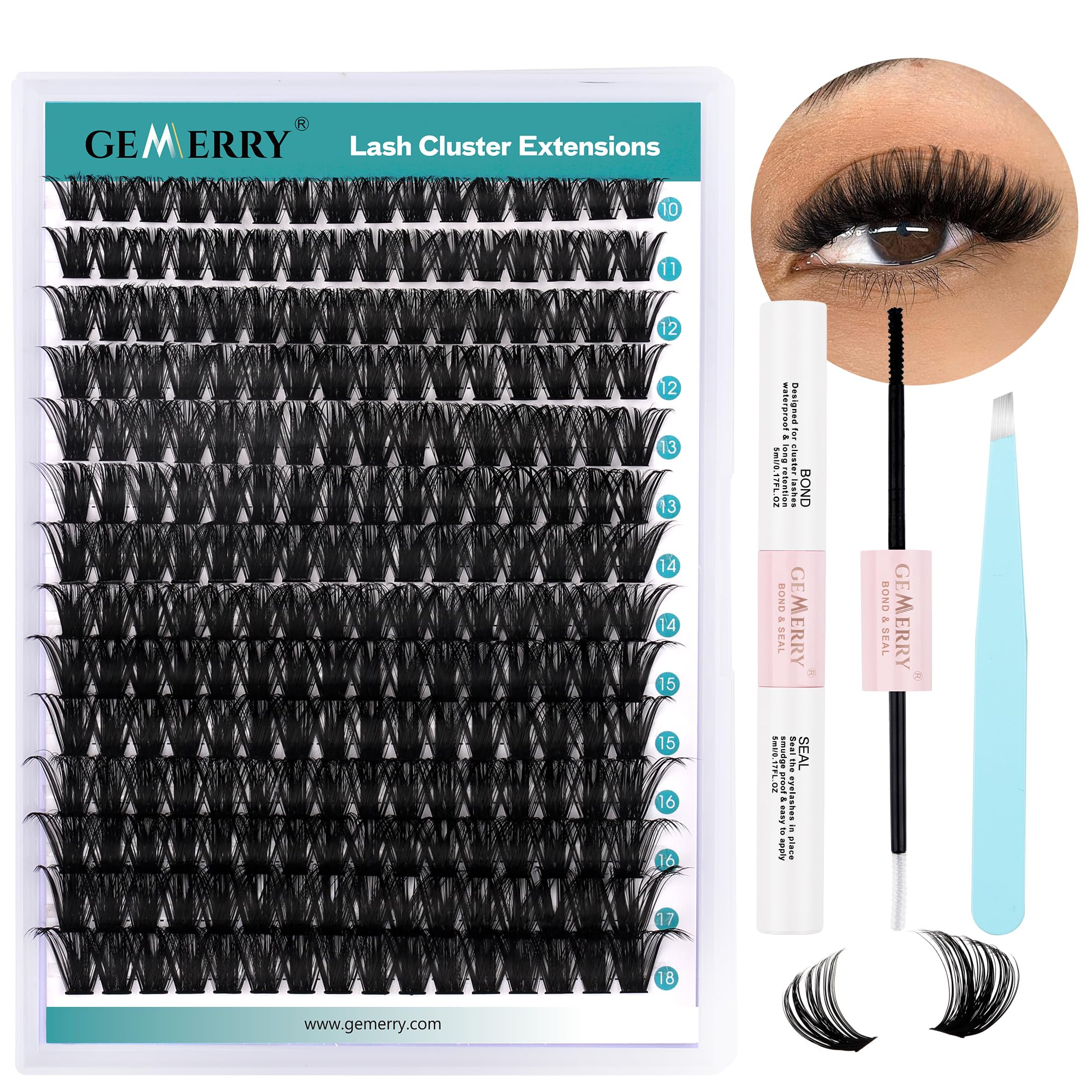 GEMERRY DIY Cluster Eyelash Extensions Kit with Lash Bond and Seal and Applicator for Beginners 280 PCS Individual Lash Cluster Kit 0.07D 10-18 Mix