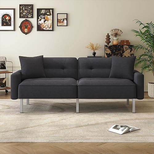 Miniatura 67 de Moderno sofá biplaza de terciopelo de 59 pulgadas con 2 bolsillos, sofá cama convertible tapizado con respaldo múltiple ajustable, sofá futón con