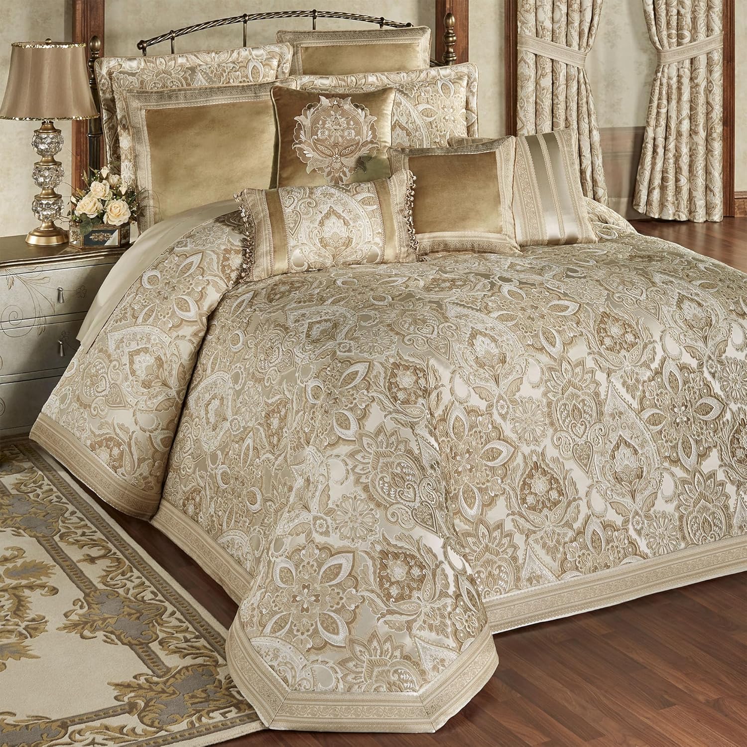 Albany Luxury Bedding | Soothing Neutral Tones of Champagne and Ivory | Jacobean Floral Inspired Damask, Medallions, and Stripes | 3 Piece Bed Set Includes Oversized King Bedspread and 2 King Shams
