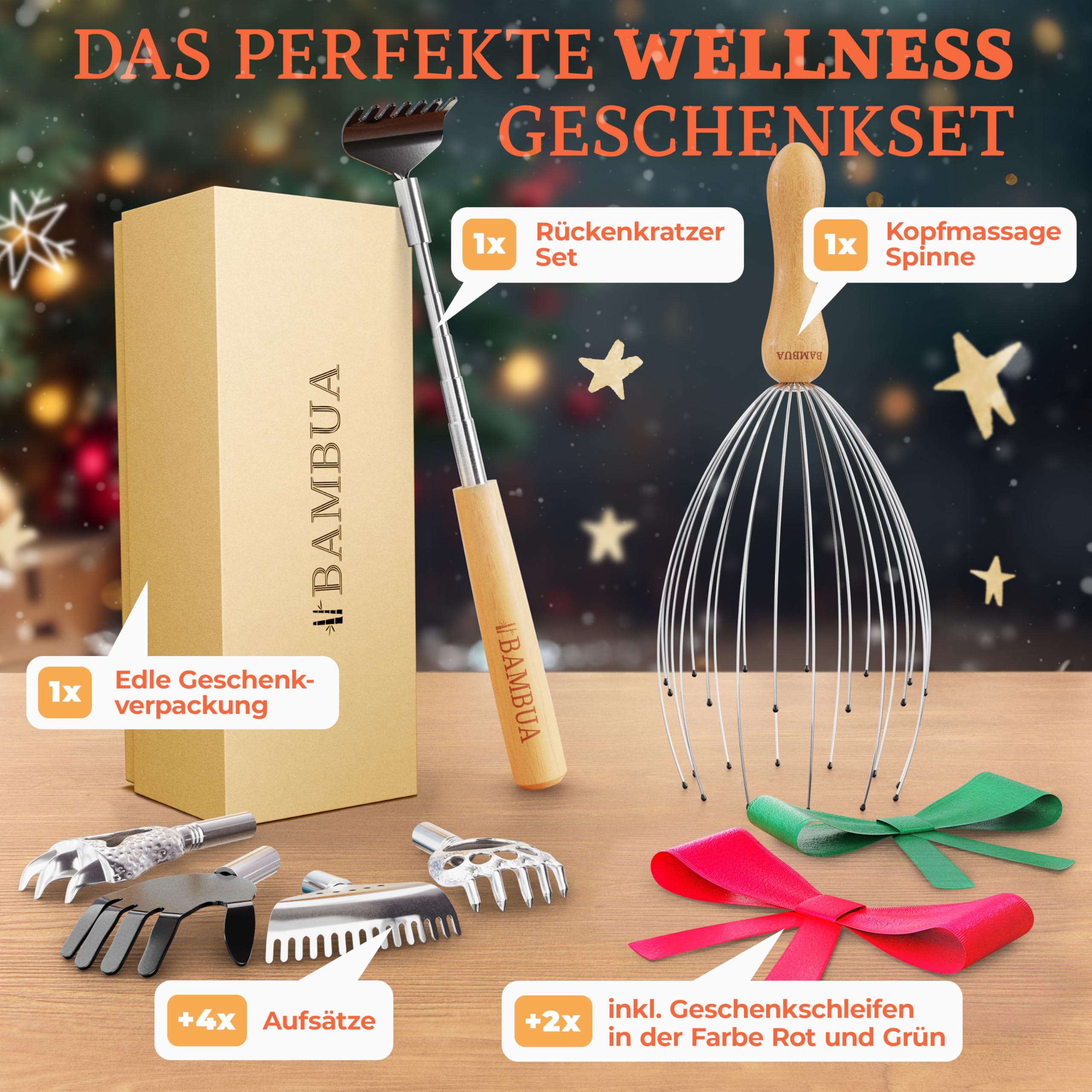BAMBUA Geschenkset fr Massage und Entspannung - Kopfmassagegert &  Rckenkratzer - Nachhaltiges Wellness Geschenk fr Mnner und Frauen, inkl.  Geschenkverpackung - Ideal zum Verschenken : Amazon.de: Drogerie &  Krperpflege