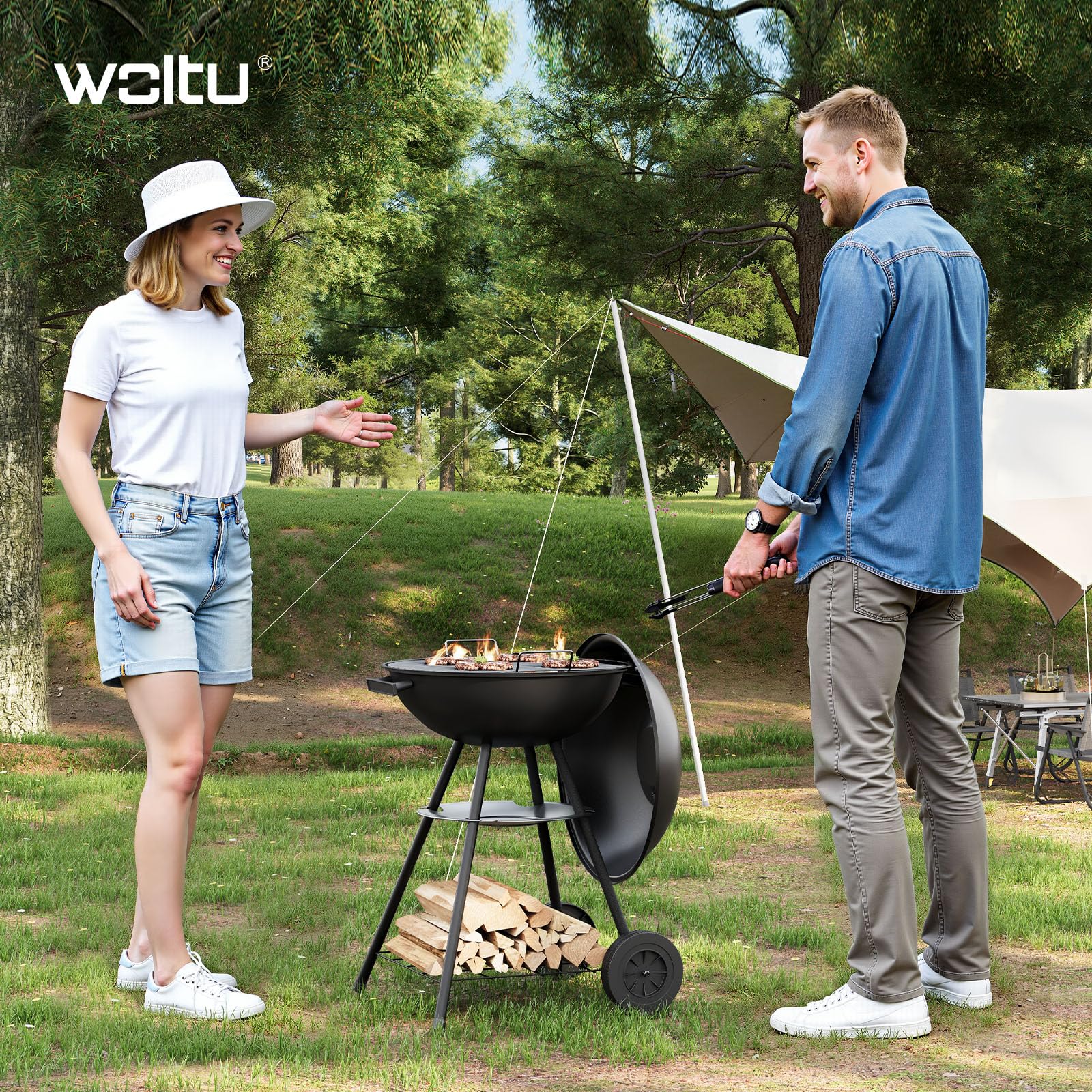 WOLTU Barbacoas de Carbón Portátil de Exterior con Parrilla y Ruedas para BBQ, Jardín, Camping 44 * 73 cm Negro