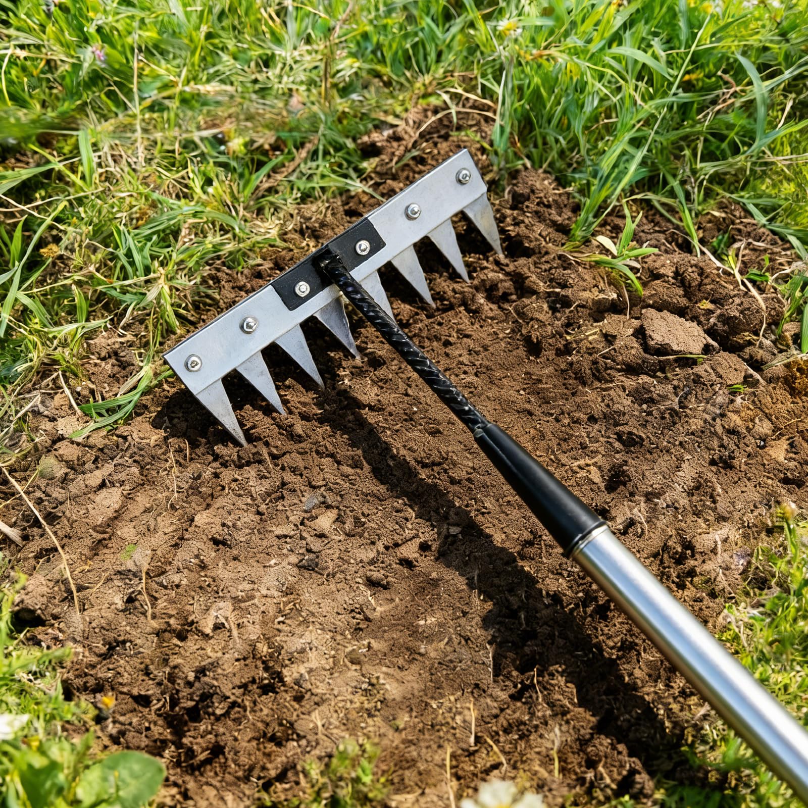 Les-Theresa Rastrello da giardino a 8 denti, in acciaio al carbonio, con manico lungo, strumento per rimuovere le erbacce, per diserbare, giardinaggio e allentamento del prato in cortile