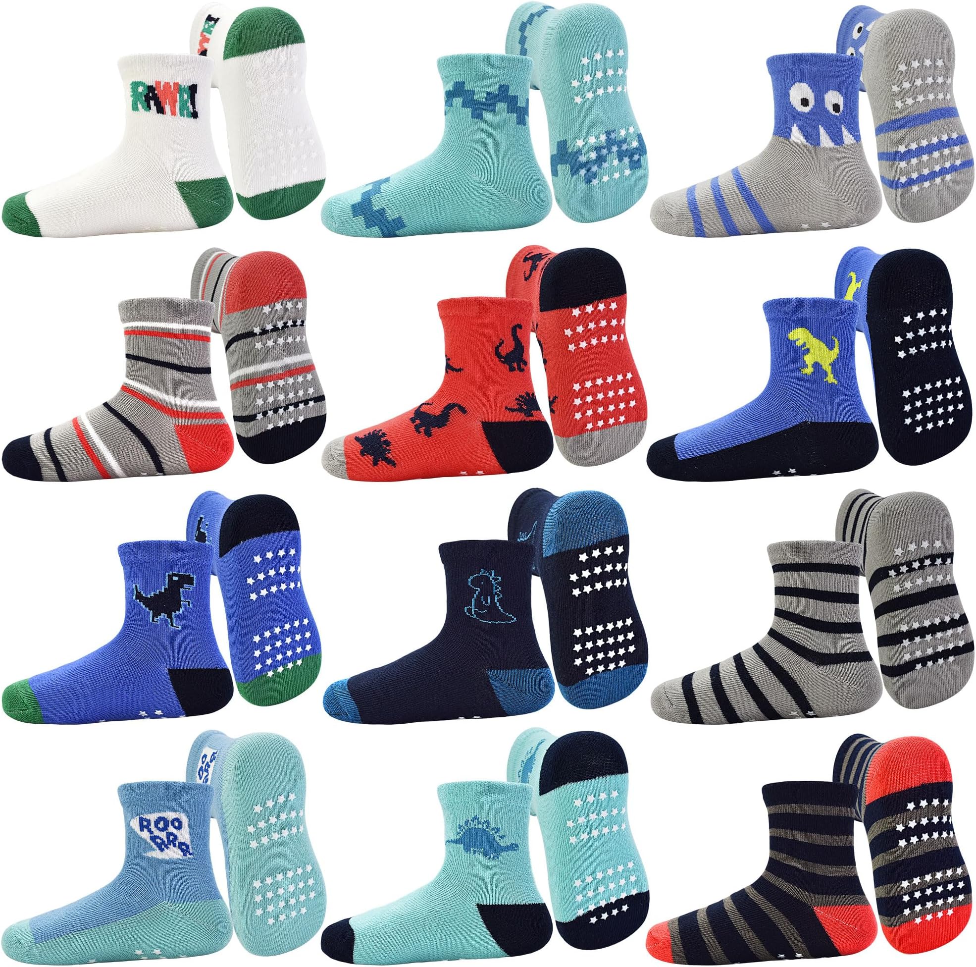 GRPSKCOS Toddler Grip Socks 12 Pairs Non Slip Baby Socks Cute Crew Anti Skid Socks for 0-7 Years Baby Boys Kids
