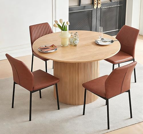 Miniatura 17 de Juego de mesa de comedor para 4, mesa de comedor rectangular irregular de madera moderna, sillas de comedor de cuero, 4 mesas y sillas, juego de 4