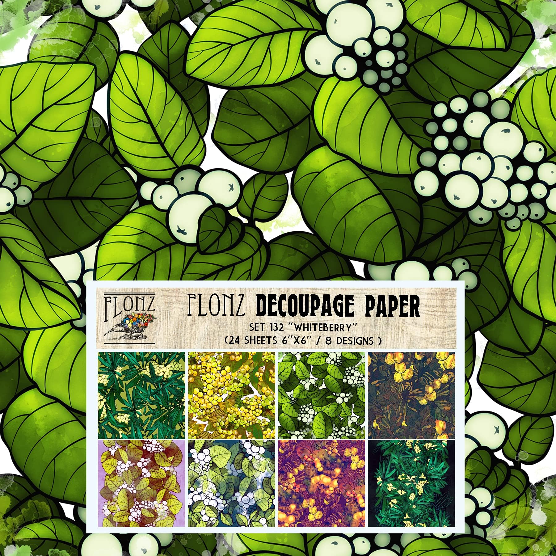 Flonz Decoupage Paper Pack (24 Sheets 6"x6") Whiteberry Vintage Styled Seamless Pattern Paper for Decoupage, Craft and Scrapbooking Forest Wild Berries Leaves