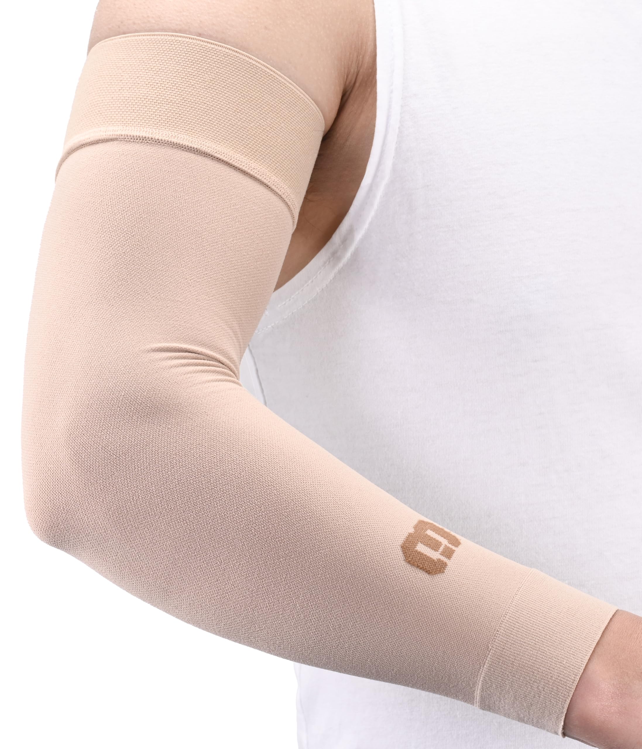 MGANG Lymphedema Medical Compression Arm Sleeve 15-20 mmHg, Full Arm Support Without Silicone Band, Relieve Swelling Edema Post Surgery Recovery for Women Men, Daily Wear &amp; Work, Beige XXL