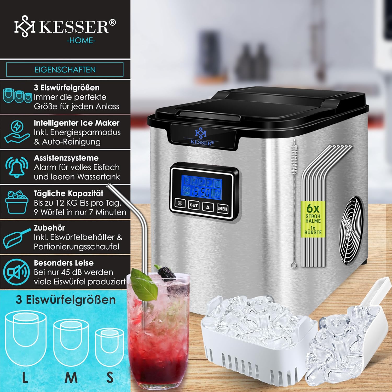 KESSER® Ice Cube Maker Stainless Steel 150 W Ice Maker 12 kg 24 h 3 Cube Sizes Preparation in 7 Minutes 2.2 Litre Water Tank Timer LCD Display Includes Accessories Silver