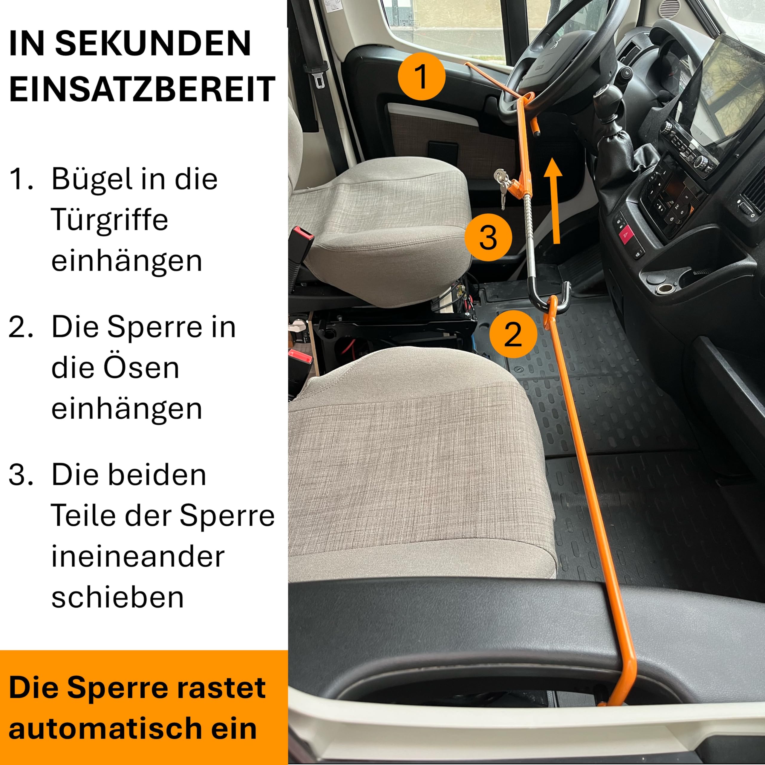 Türsicherung Wohnmobil Fahrerhaus – Stahlbügel für Fahrer- & Beifahrertür, abschließbar, werkzeuglos, 150–180 cm – passend für Ducato/Boxer/Jumper bis 2022/2024 & VW T5/T6