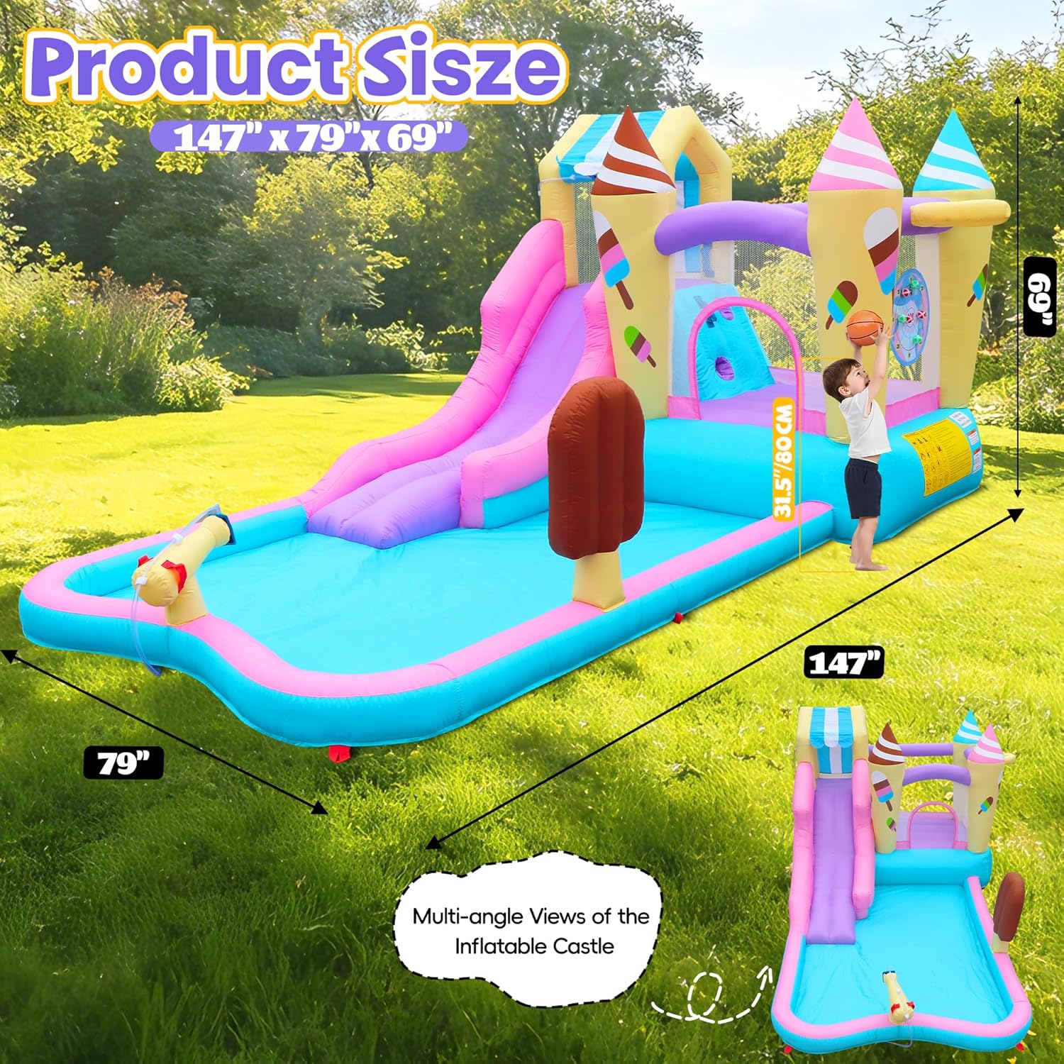 Inflatable Water Slide Bounce House, 8-in-1 Water Park with Water Cannon, Climbing Wall, Basketball Hoop & Splash Pool, Ice Cream Castle Theme, 126x79x65 inches, Ages 3-6, 350W Blower Included