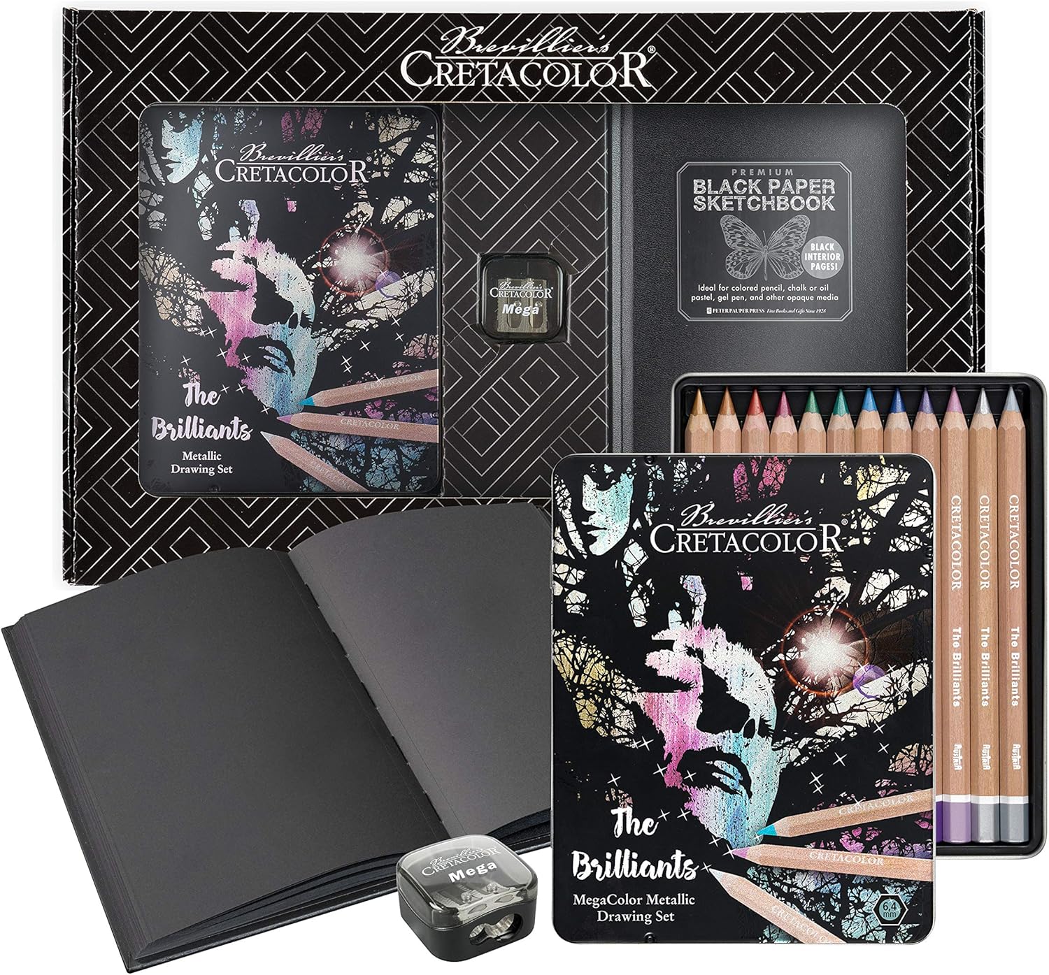 CRETACOLOR The Brilliants Metallic Drawing Set with Premium Drawing Book and Sharpener in Beautiful Packaging, Colourful, 12 Metallic Colouring Pencils, Soft and Rich Colour Application,
