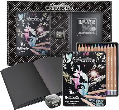 CRETACOLOR The Brilliants Metallic Drawing Set with Premium Drawing Book and Sharpener in Beautiful Packaging, Colourful, 12 Metallic Colouring Pencils, Soft and Rich Colour Application,