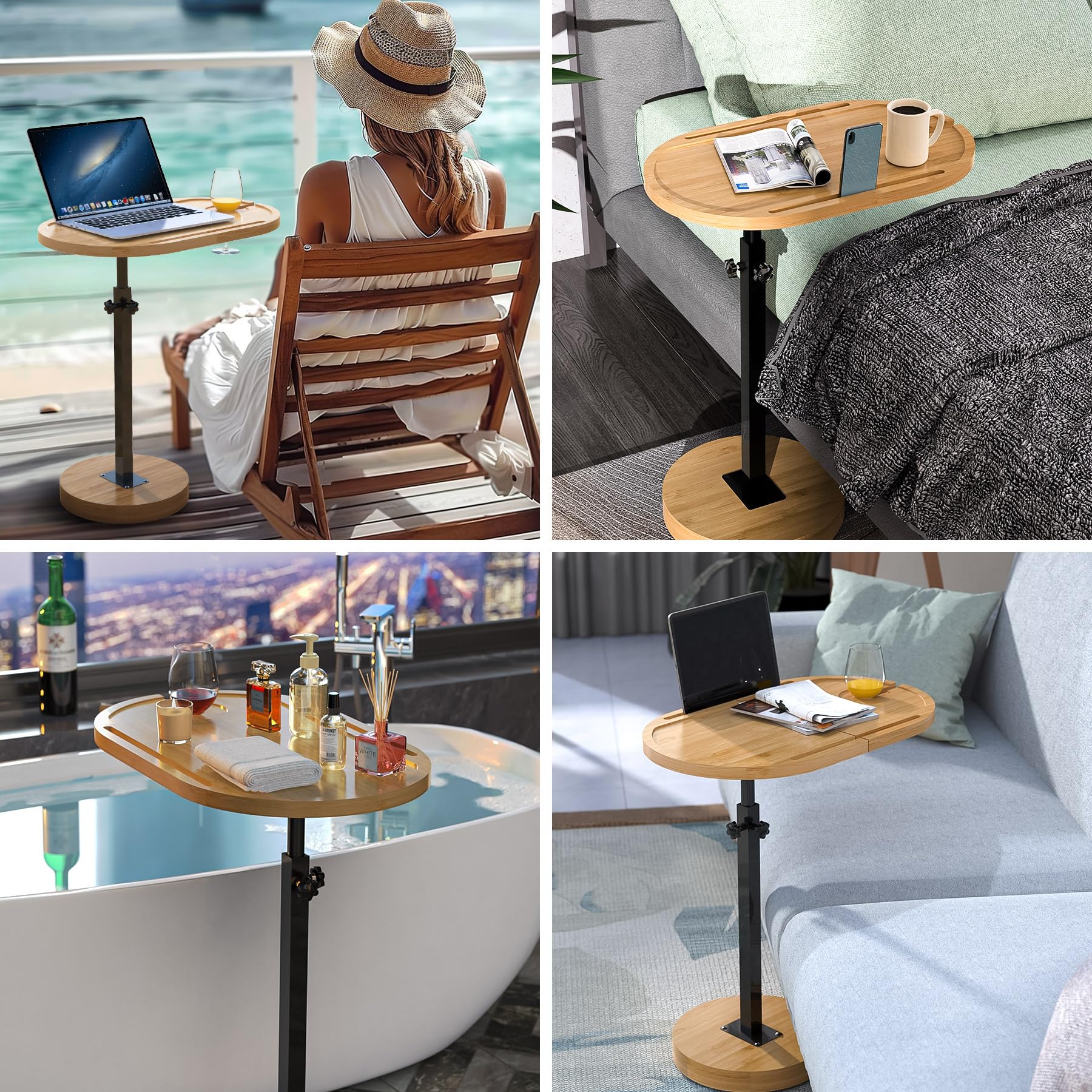 NiHome Mesa giratoria grande para TV con base gruesa y estable que no se vuelca, bandeja de mesa de sofá de altura ajustable, mesa auxiliar, mesa auxiliar de bañera giratoria 360° para bañera de