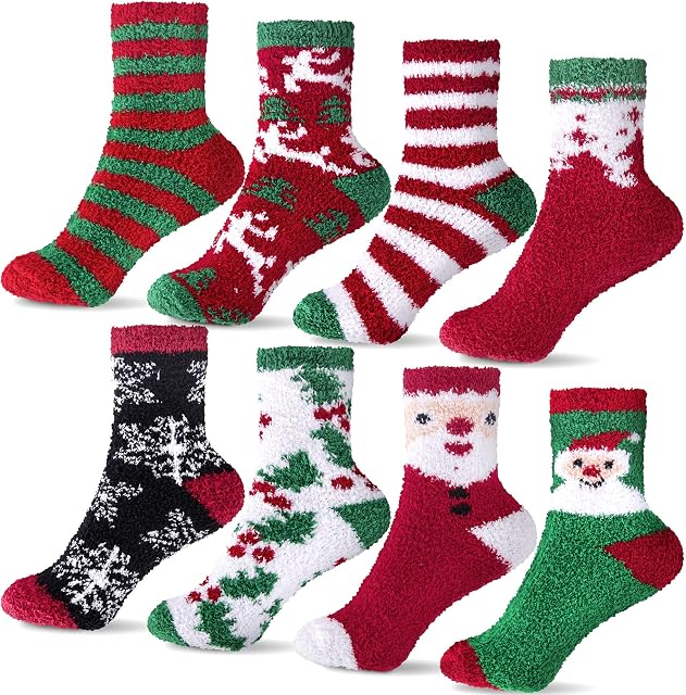 Duufin Christmas Socks Santa Elk Snowflake Christmas Fluffy Socks Warm Fuzzy Winter Socks for Women and Girls