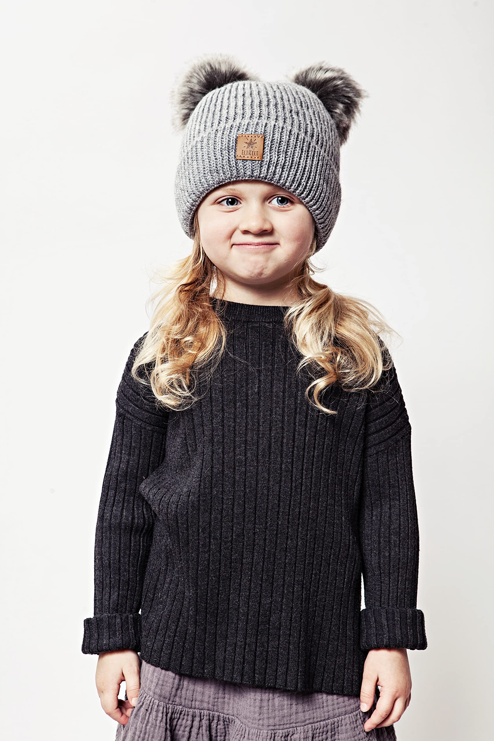 ELIMELI Eltern-Kind Mütze Mädchen Warme Wintermütze für Mutter und Tochter Mütze Damen Winter mit Zwei Bommeln Slouch Strick Beanie Damen Bommelmütze Kinder Mama und Baby Cap Set 3