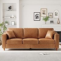 IDEALHOUSE Faux Leather 3-Seater Sofa with 2 Pillows, Wide Armrests, Deep Seats, Wood Legs - Brown Mid-Century Modern Couch for Living Room