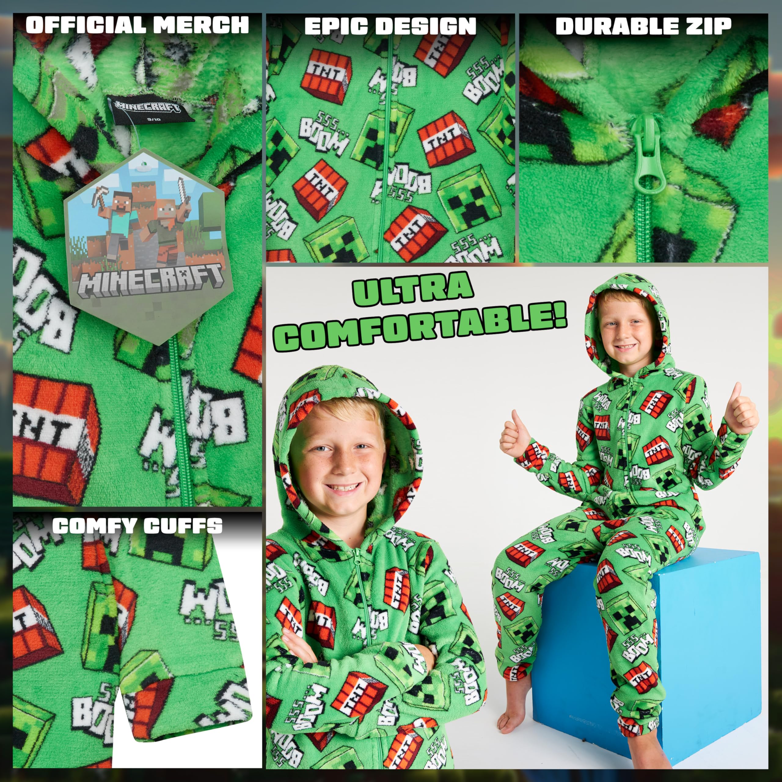 Minecraft Onesie Creeper Fleece Jumpsuit Sleepsuit Gamer Geschenk Schlafoverall mit Kapuze für Jungen