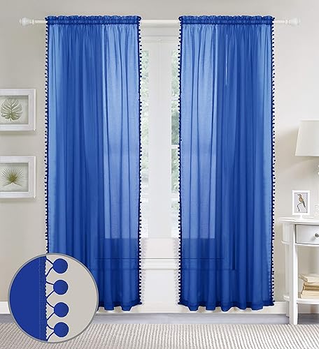 Elegant Comfort Cortina con pompones, 60 pulgadas, color azul neón, lujosa cortina transparente con borlas y bolsillo para barra de 2 pulgadas,