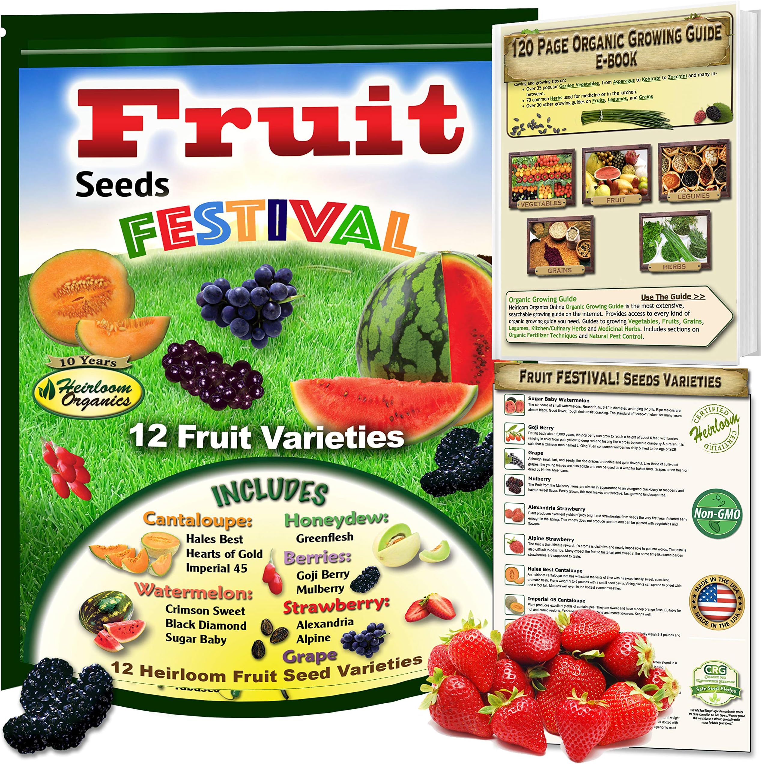 Fruit Seeds Festival! 12 Heirloom, Non-GMO Collection Kit. Cantaloupe, Honeydew, Watermelon, Strawberry, Goji Berry, Grape, Mulberry and Much More. 100% Organic Growing Guide Included.