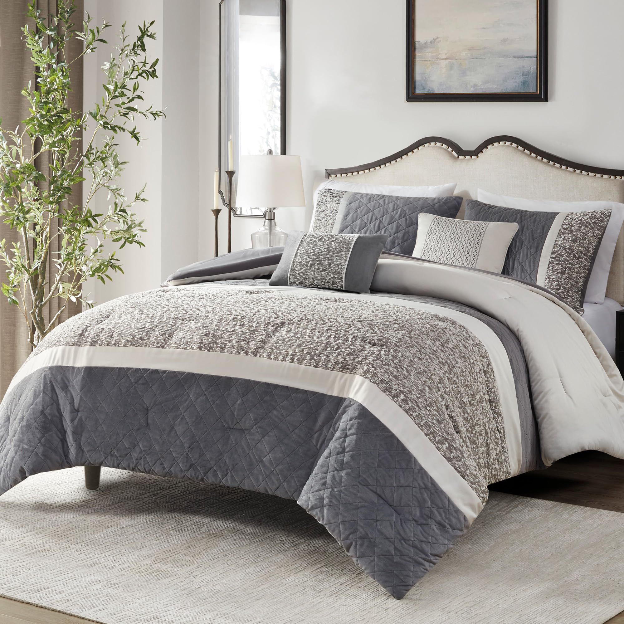 Madison Park Queen Comforter Set Pieced Boucle & Mink Comforters for Queen Size Bed Fuzzy & Warm Quilted Bedding, All Season Luxurious Comforters Queen Size Bed Set, Amelia, Full/Queen Grey 5 Piece