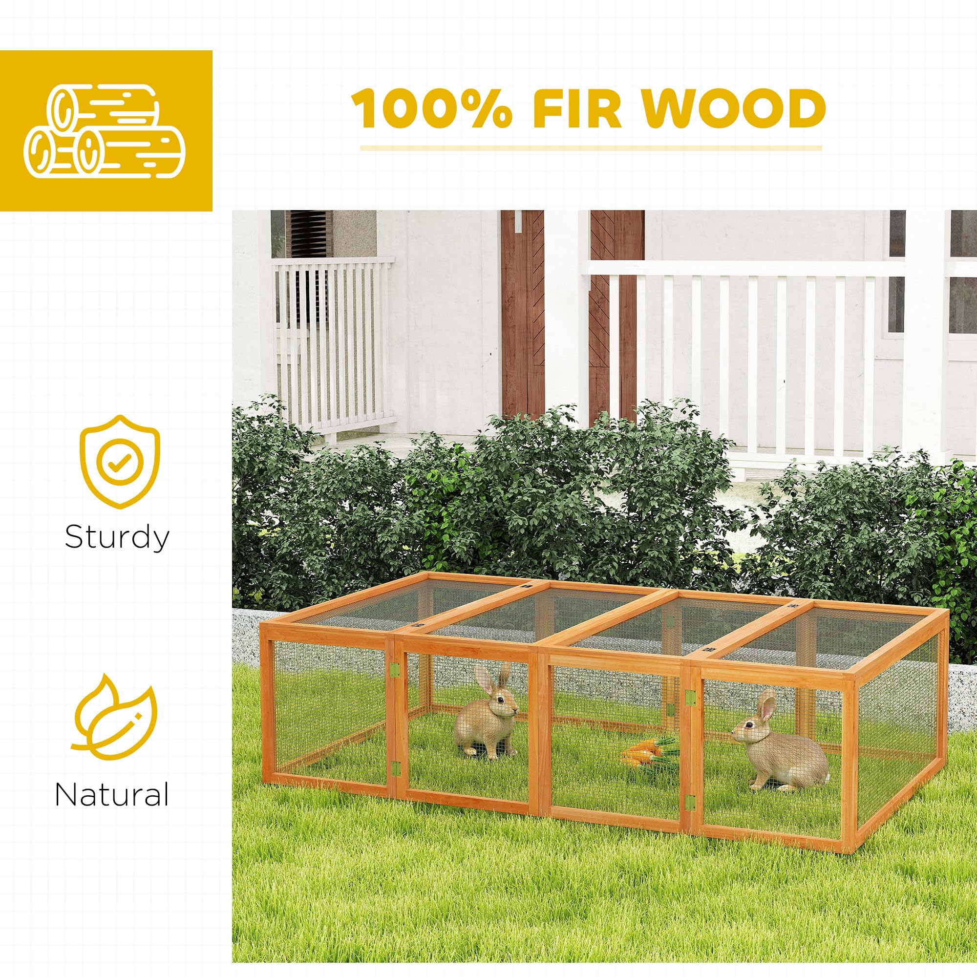 Pawhut Rabbit Run Wooden Rabbit Hutch Cage 6ft with Wire Mesh, Openable Roof, Play Space for Outdoor, 181 x 100 x 48 cm, Natural Wood Finish — view 4
