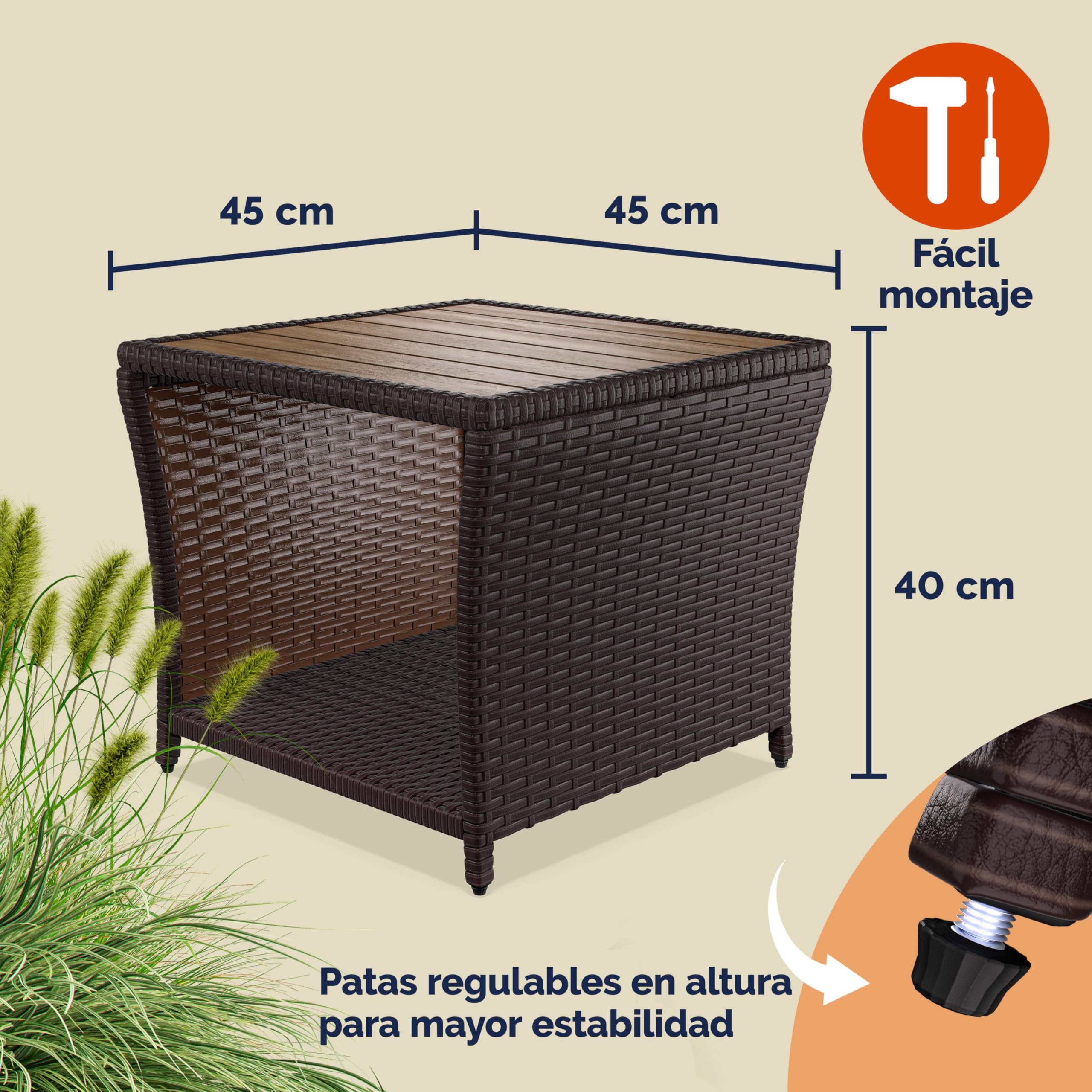 CASARIA® Mesa Auxiliar Jardín 45x45x40cm Poliratán Tablero Madera Acacia Mesa Exterior Balcón Carga 80kg Resistente Intemperie Marrón