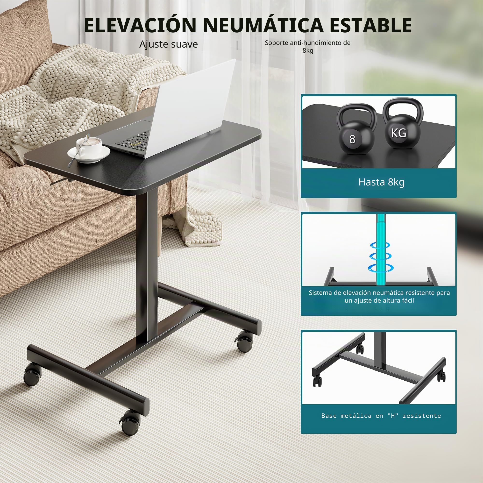 BONTEC Escritorio de pie móvil 65x48 cm con 4 Ruedas Giratorias, Ajustable en Altura, Mesa para Cama, Escritorio Portátil para Oficina y Sala de Estar, Mesa Multifuncional con Ruedas para Dormitorio