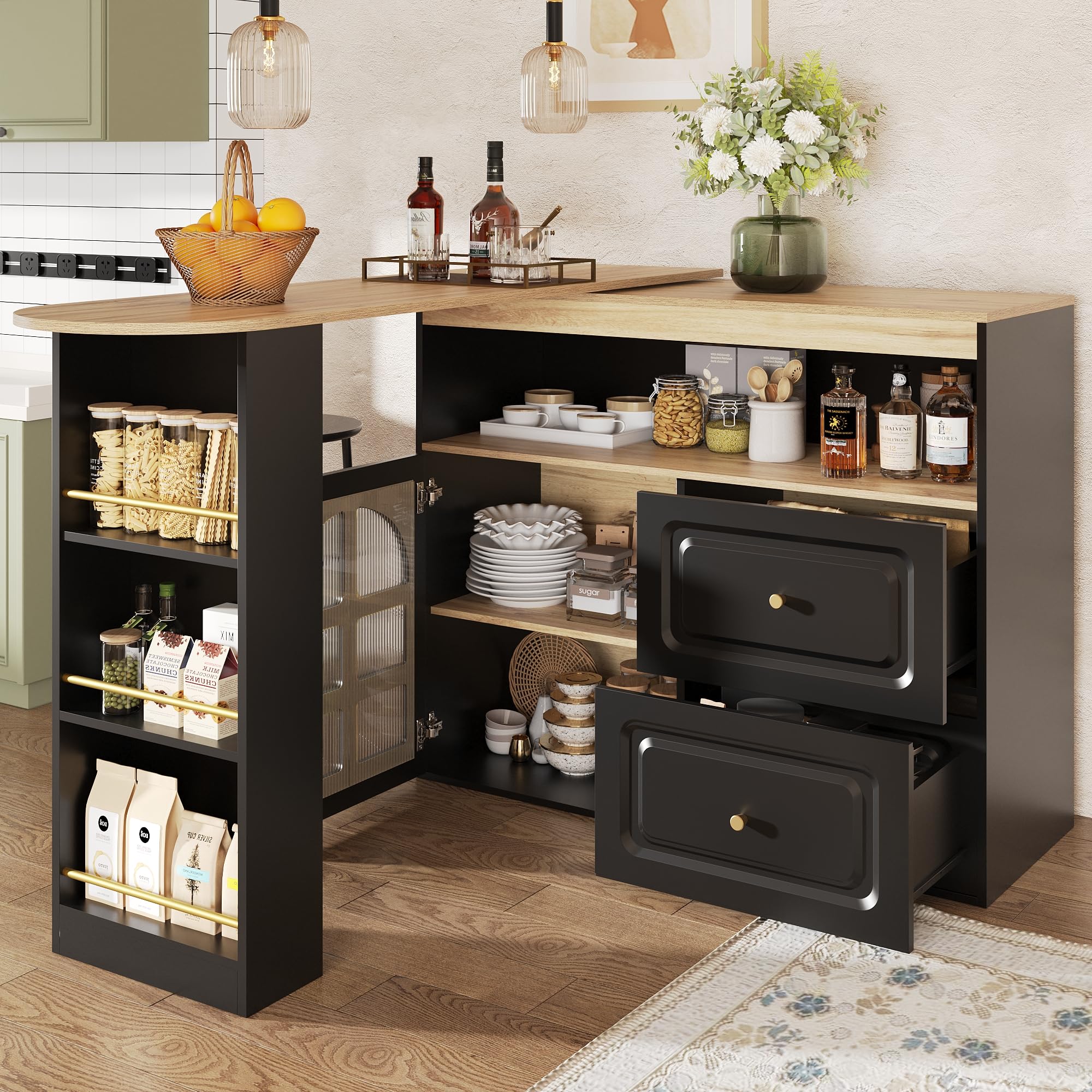 Tavolo Bar Estensibile Rotazione 360°, Mobile Cucina Moderno con Ripiani e Vetro, Credenza con 4 Cassetti, Scaffali Aperti e Porta in Vetro (Black, 138-204x39x104 cm)