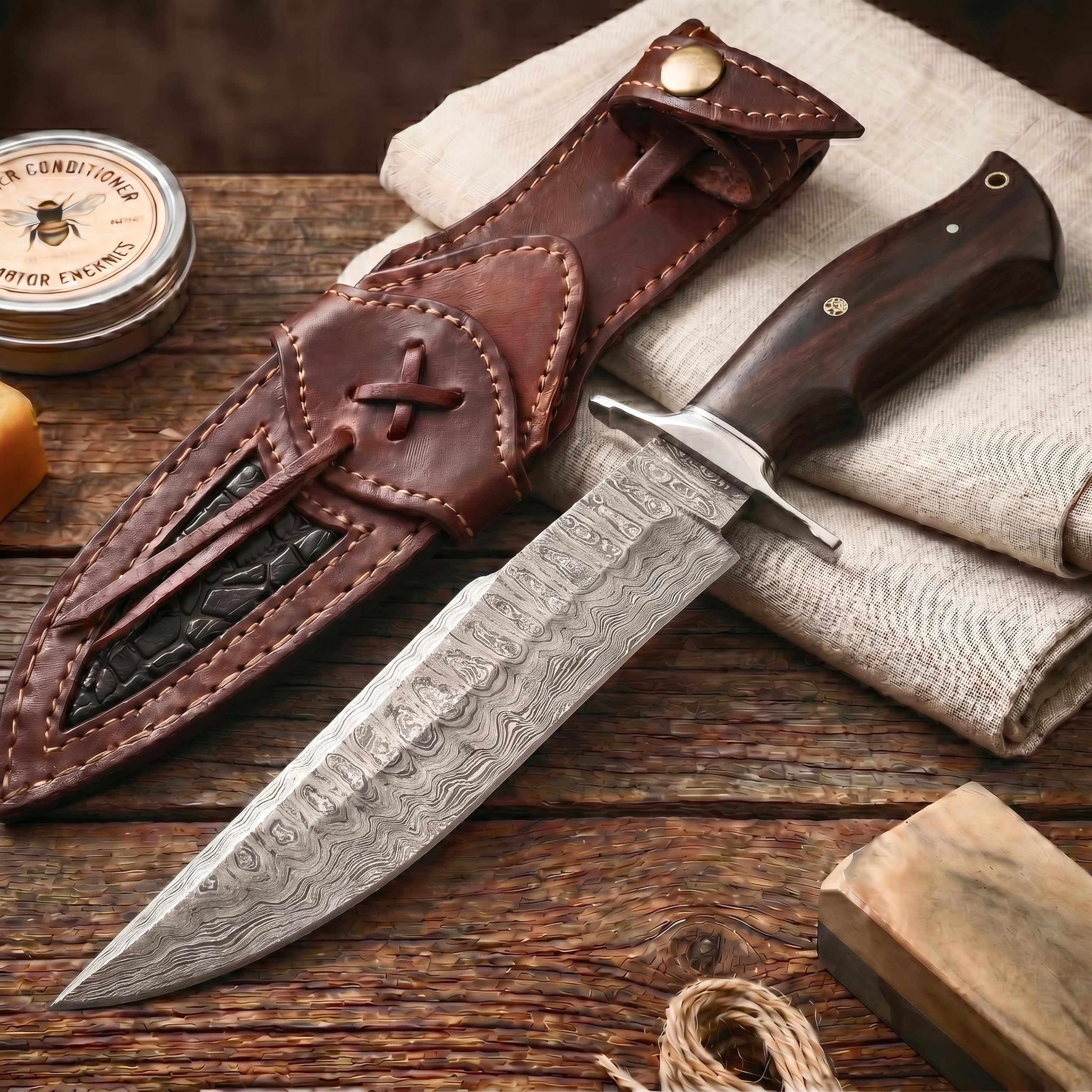 BIGCAT ROAR Raptor Damaststahl Jagdmesser 13,2 Zoll - Full Tang - Walnussholzgriff & Lederscheide - Bushcraft Outdoor Camping Survival Jagd