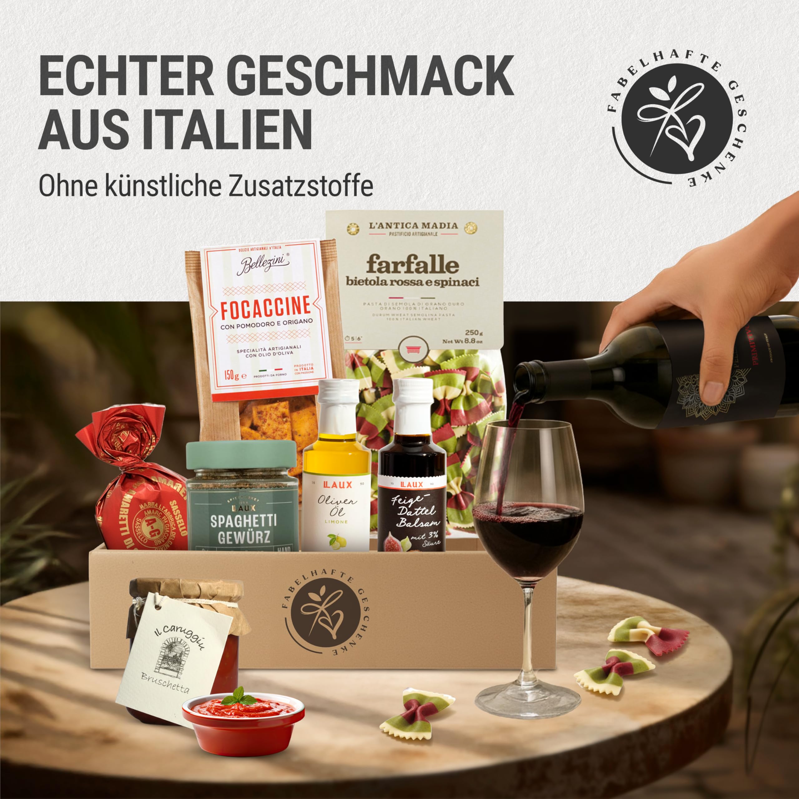Präsentkorb La Dolce Vita gefüllt mit Rotwein und italienischen Delikatessen | Wein Geschenk für Männer & Frauen zu Geburtstag, Weihnachten | Geschenkkorb mit Banderole "Herzlichen Glückwunsch"