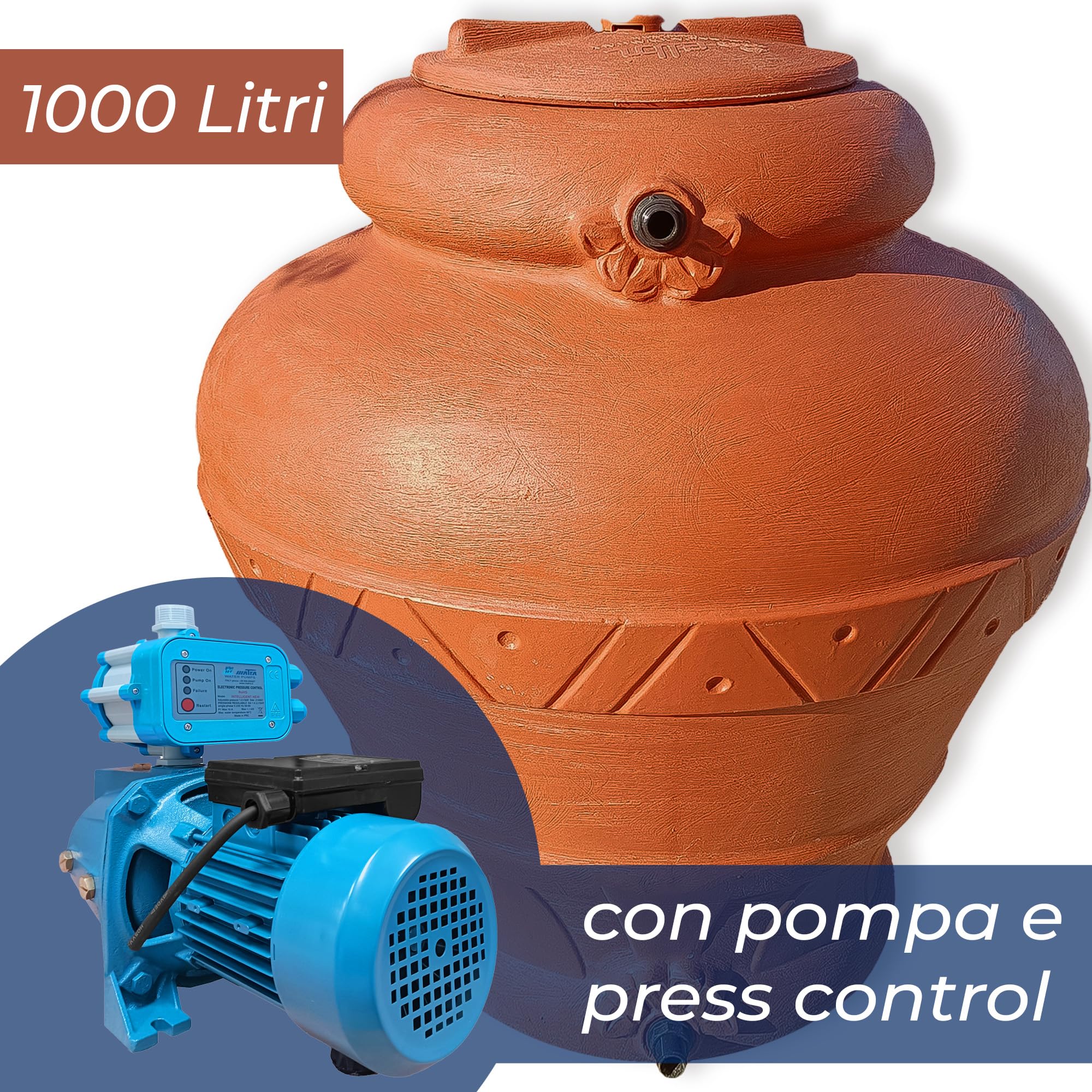 ESTO Serbatoio Acqua Elegante con Predisposizione Rubinetto 300 o 500 Litri, Cisterna Design Terracotta, Vaso Antico, Anfora, in Plastica Acqua Piovana 1000 LT/POMPA+PRESS CONTROL