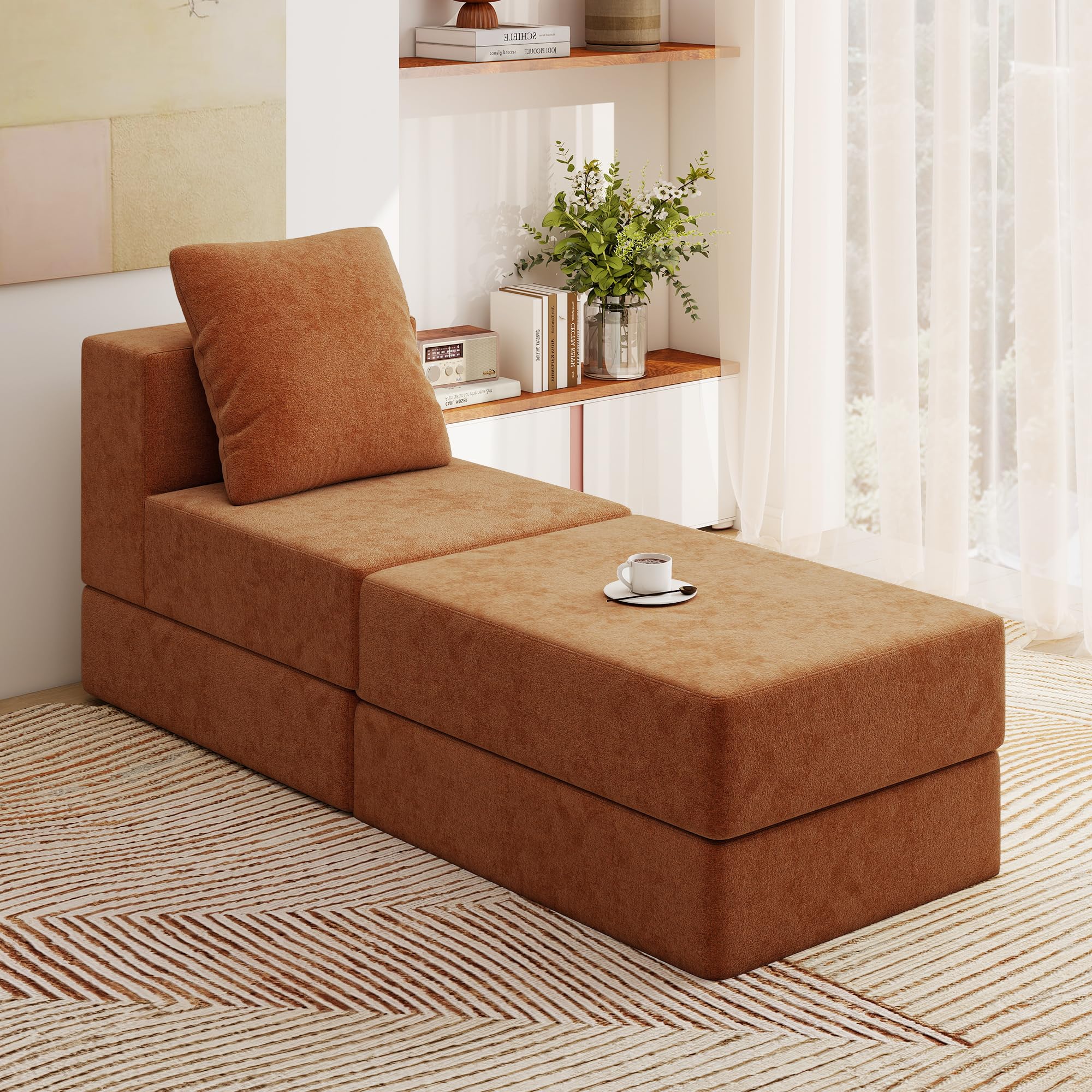 Living&Giving（WALKBON） Living&Giving Cloud Sectional Couch for Living Room, Modular Boneless Couch with 1 Ottoman, Middle-seat Can Be Combined with Modular Sofa, Customizable Layout for Any Space, Orange