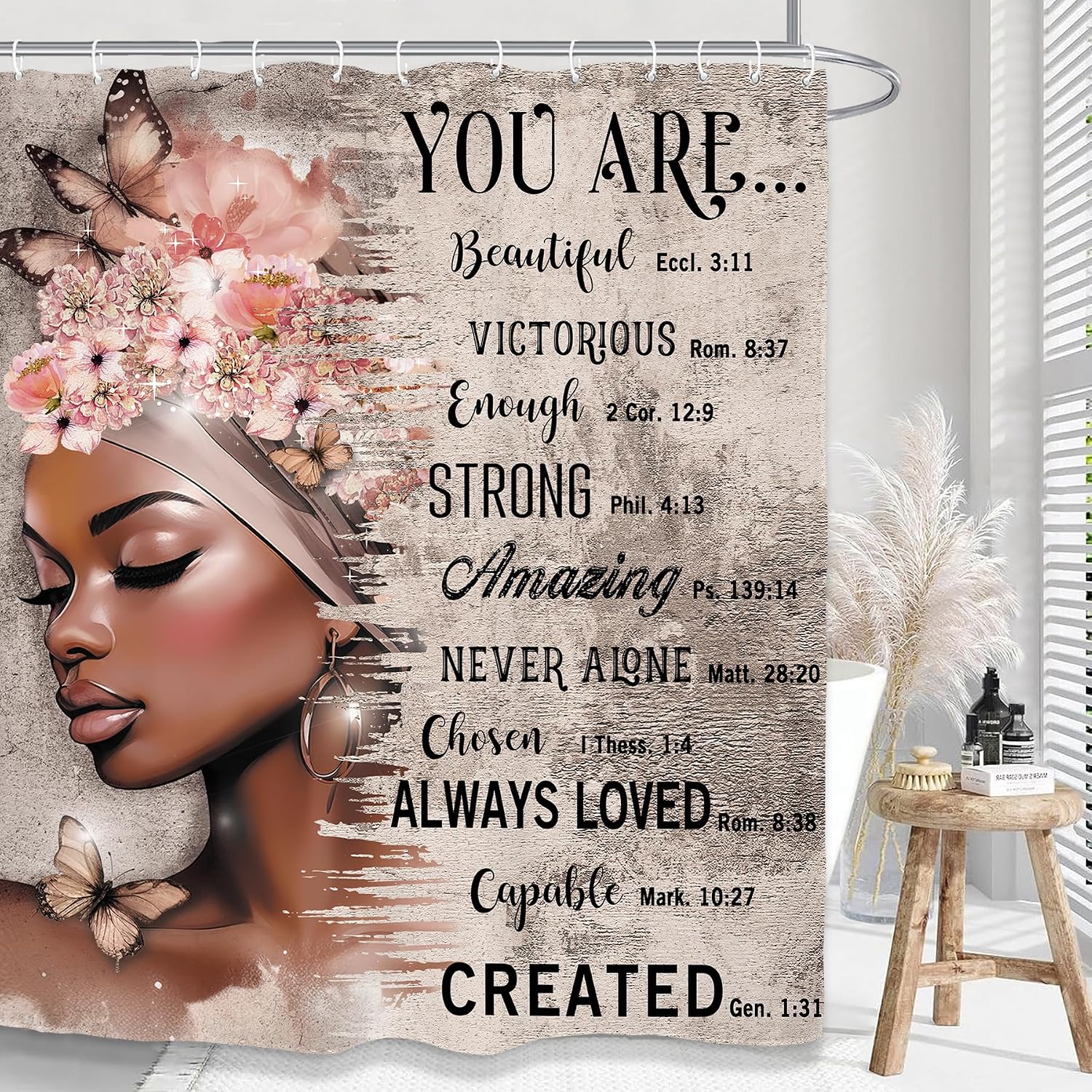 Black Girl Women Flower Bathroom Shower Curtain African American Bible Inspirational Motivational Positive Quotes 60W by 71H Inch Fabric 12 Plastic Hooks Waterproof Decor image 2